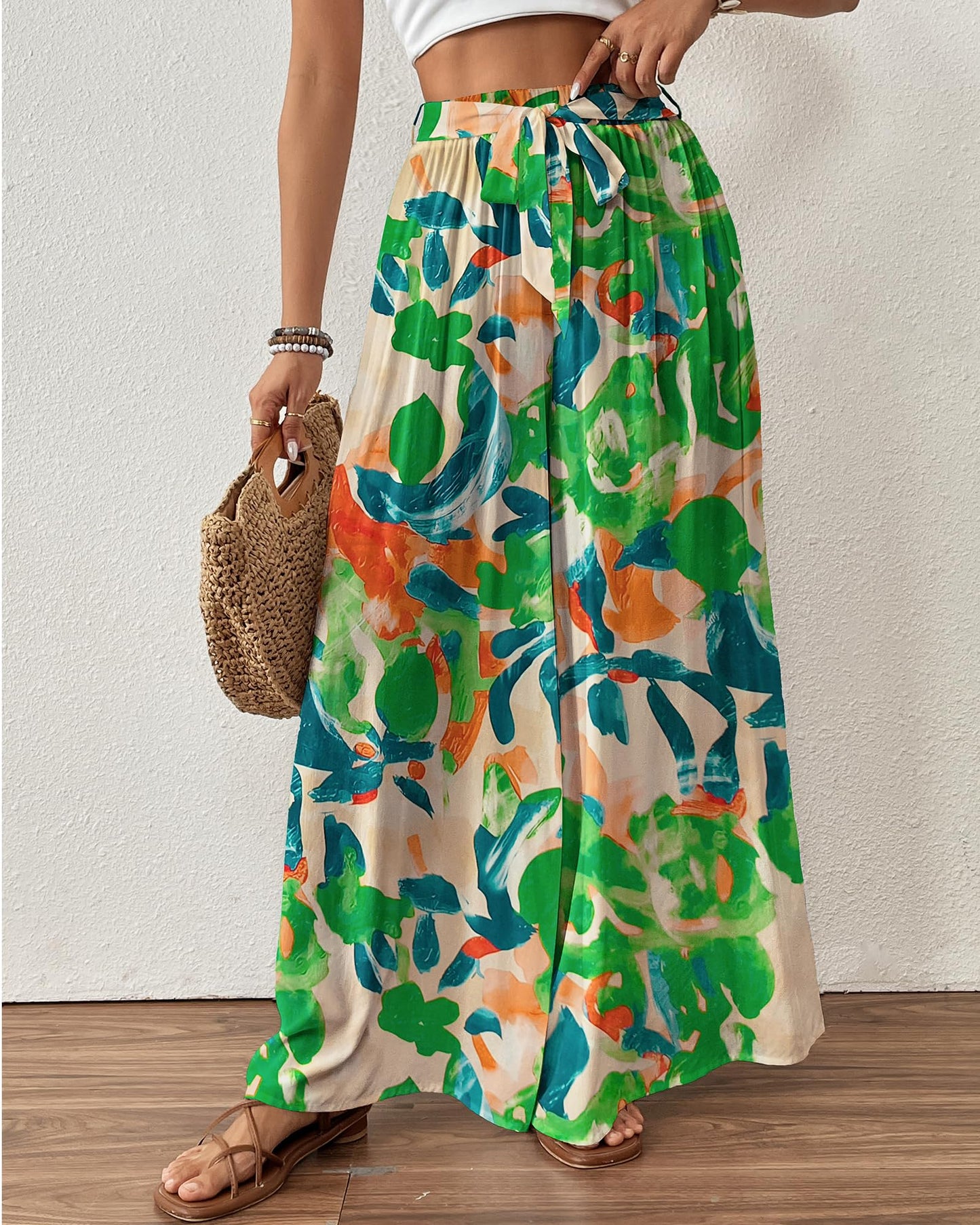 Bsubseach Wide Leg Pants Woman Flowy Floral Palazzo Pants for Women High Waisted Summer Casual Trousers Cruise Outfits Dark Green XS