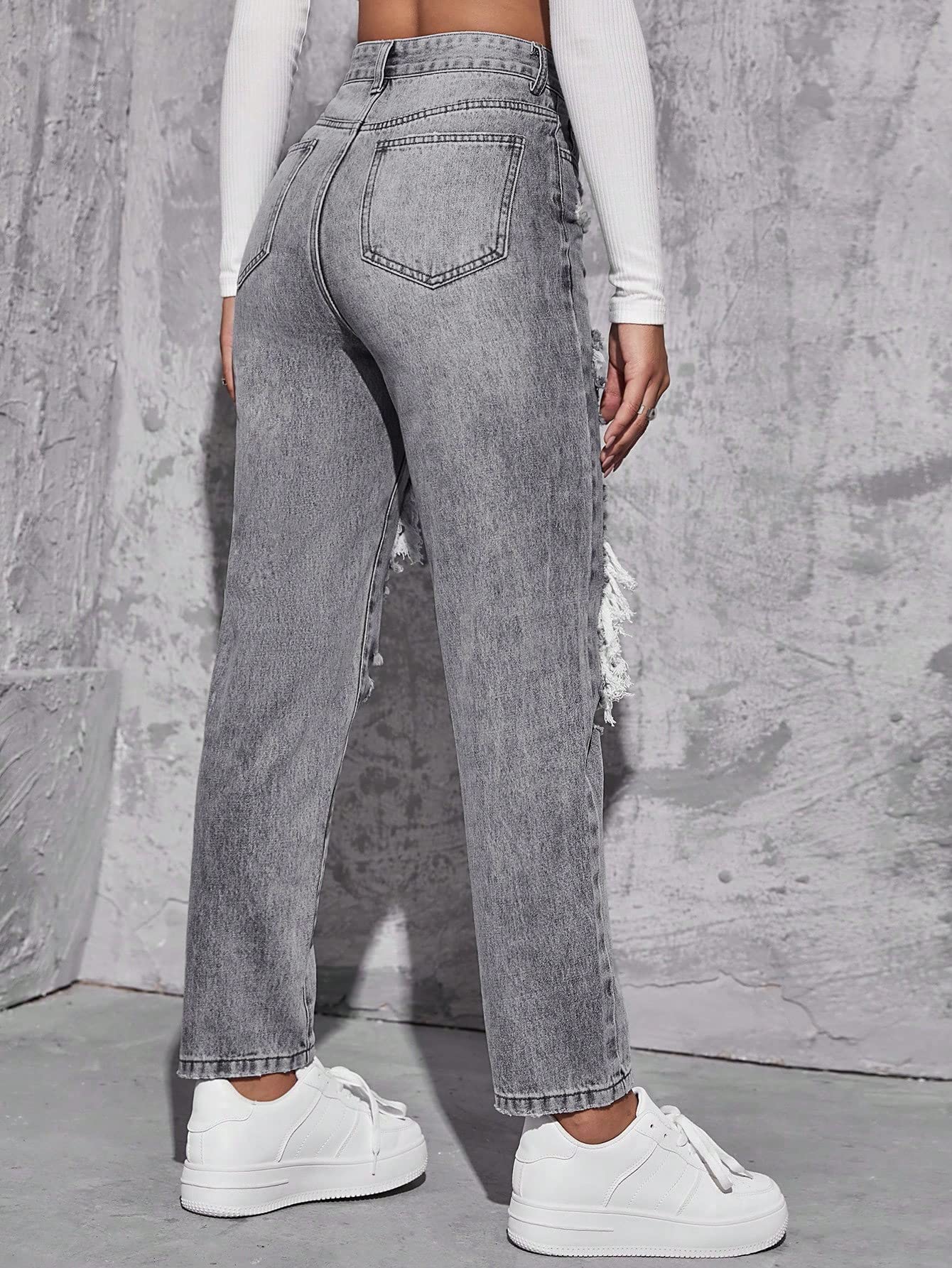 Floerns Women's High Waist Boyfriend Straight Leg Ripped Jeans Distressed Denim Pants Light Blue Large