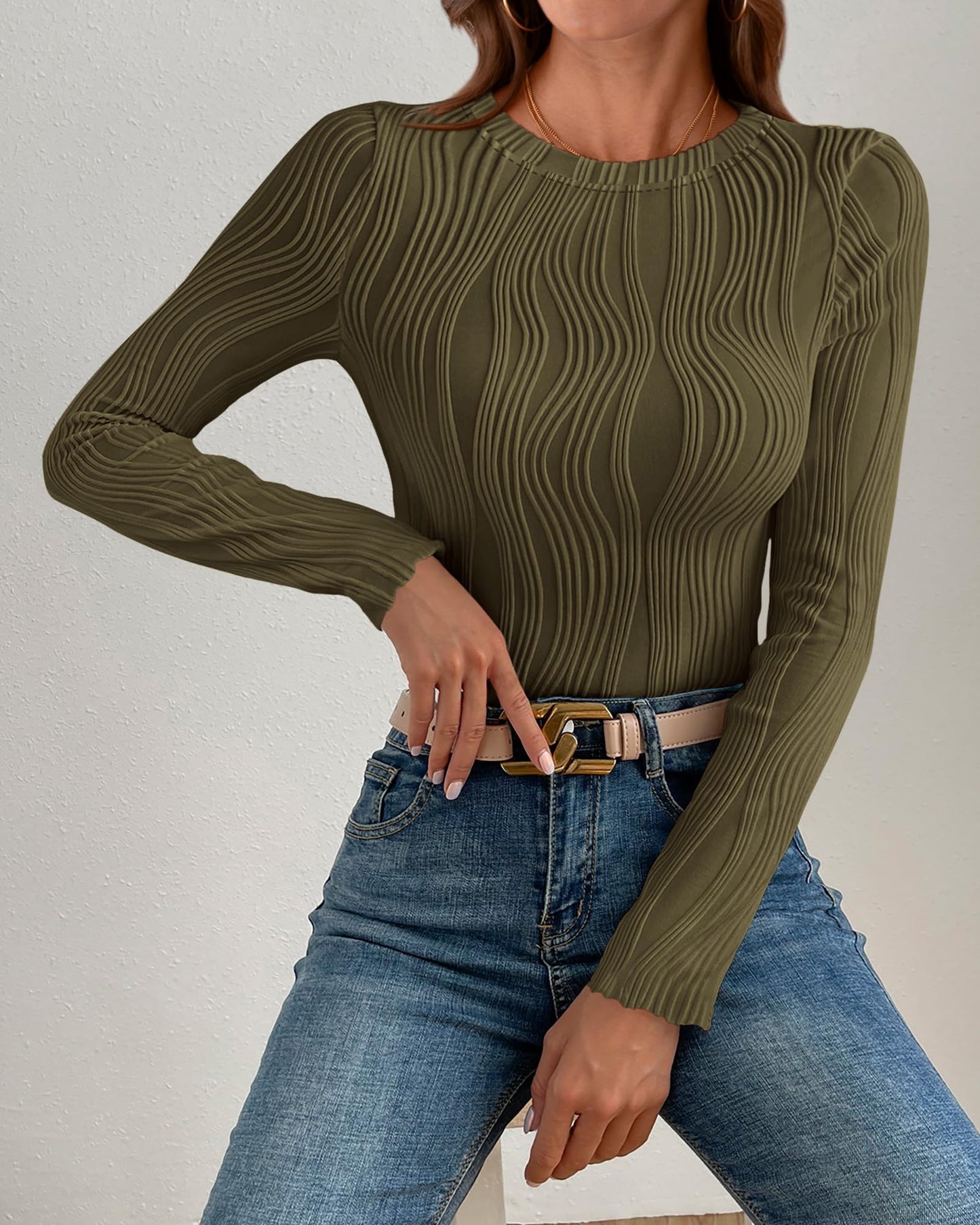 PRETTYGARDEN Women's Tops 2025 Spring Fashion Long Sleeve Crewneck Blouses Slim Fit Shirts Textured Knit Basic T Shirts(Khaki,Large)
