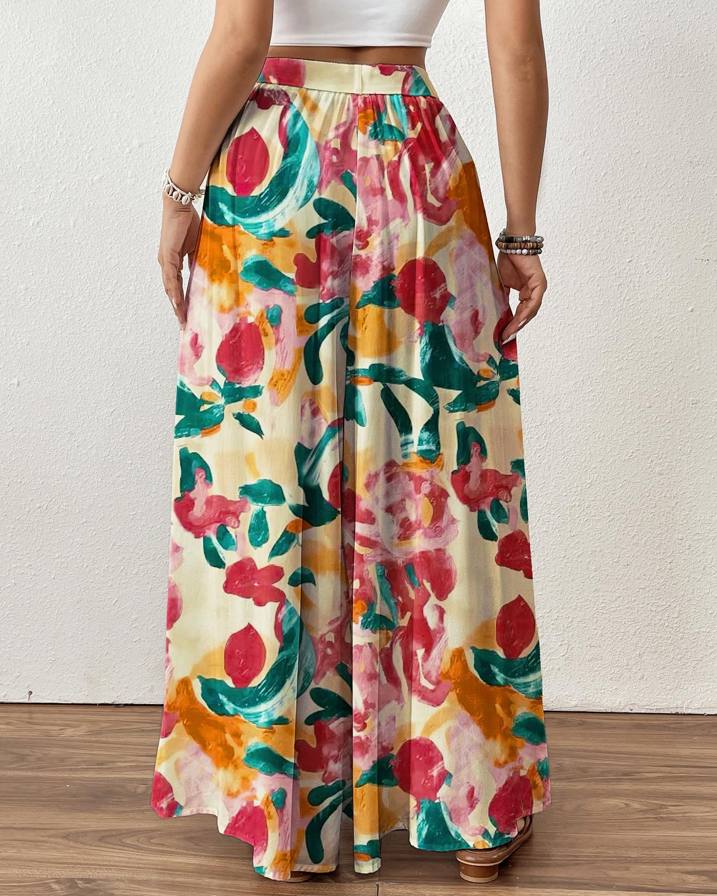 Bsubseach Wide Leg Pants Woman Flowy Floral Palazzo Pants for Women High Waisted Summer Casual Trousers Cruise Outfits Dark Green XS