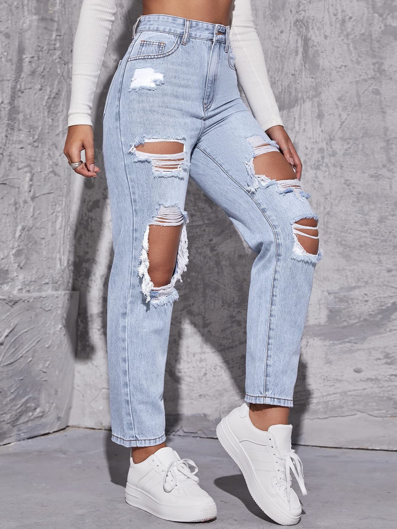 Floerns Women's High Waist Boyfriend Straight Leg Ripped Jeans Distressed Denim Pants Light Blue Large