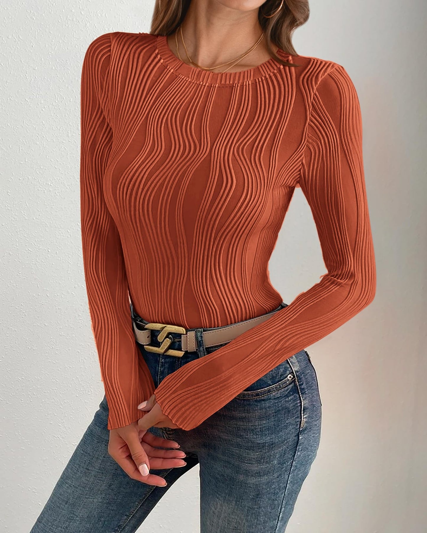 PRETTYGARDEN Women's Tops 2025 Spring Fashion Long Sleeve Crewneck Blouses Slim Fit Shirts Textured Knit Basic T Shirts(Khaki,Large)