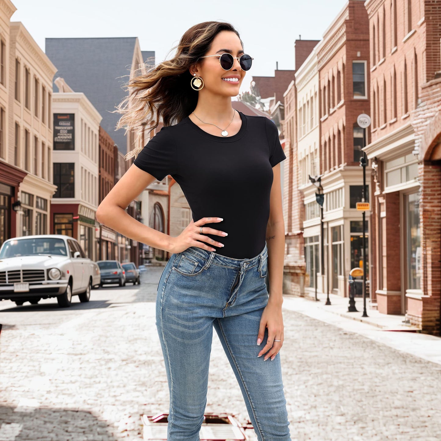 MLYENX 5 Pack Body Suits for Womens Short Sleeve Round Neck Casual Stretchy Basic T Shirt Bodysuit Tops