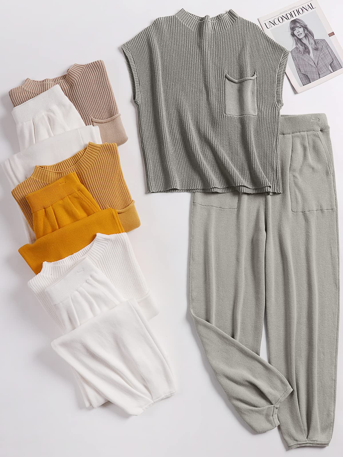 ANRABESS Women's Two Piece Outfits Knit Sweater Vest Crop Top Pants Lounge Matching Tracksuit Sweatsuit Travel Clothes Sets Pink X-Small