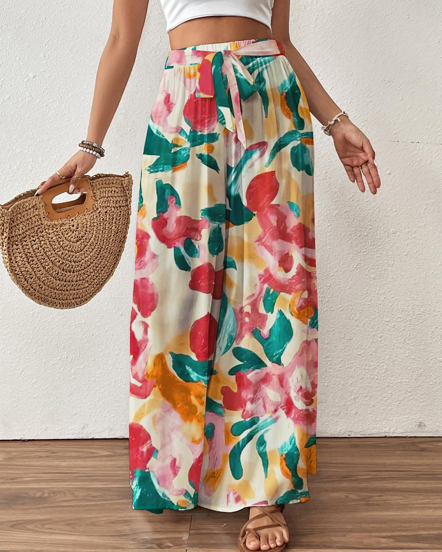 Bsubseach Wide Leg Pants Woman Flowy Floral Palazzo Pants for Women High Waisted Summer Casual Trousers Cruise Outfits Dark Green XS