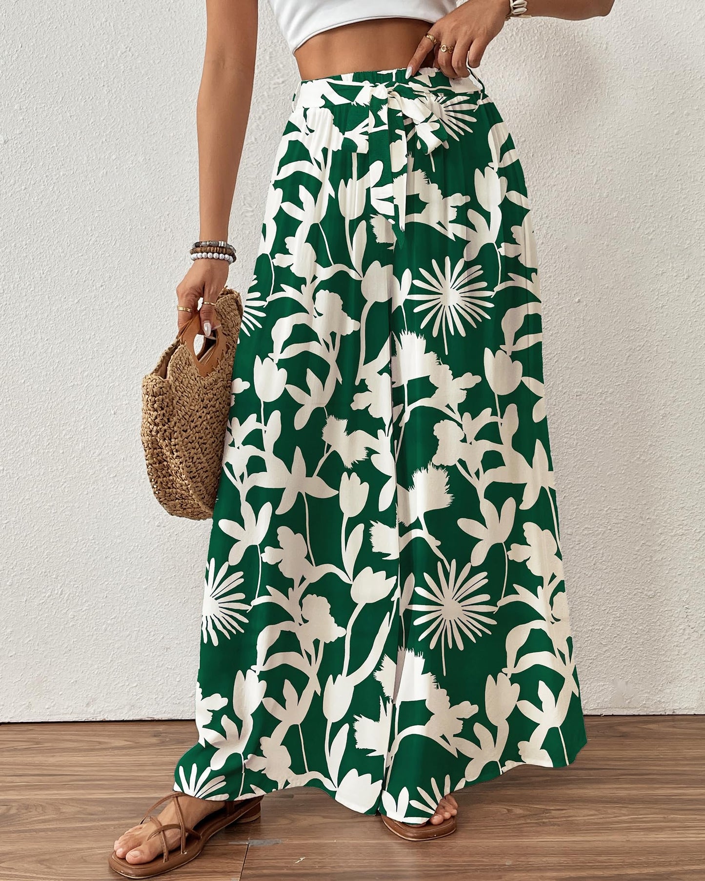 Bsubseach Wide Leg Pants Woman Flowy Floral Palazzo Pants for Women High Waisted Summer Casual Trousers Cruise Outfits Dark Green XS