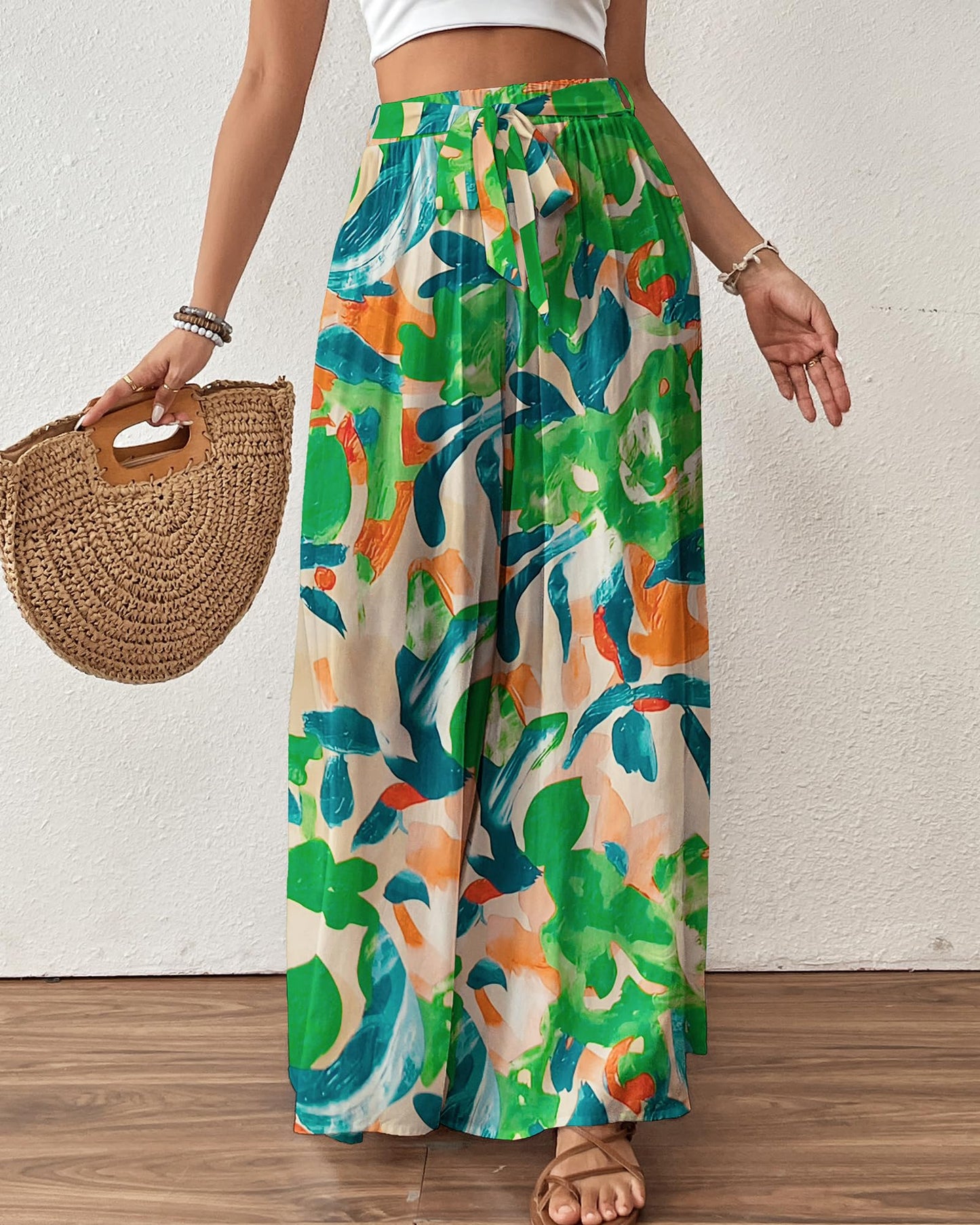 Bsubseach Wide Leg Pants Woman Flowy Floral Palazzo Pants for Women High Waisted Summer Casual Trousers Cruise Outfits Dark Green XS