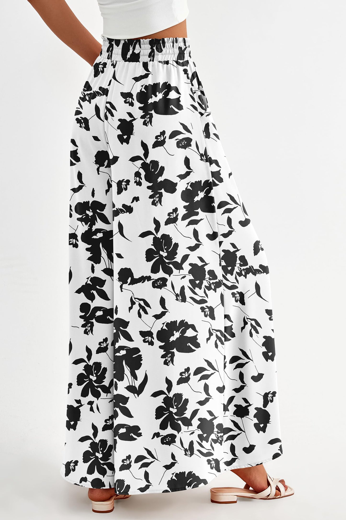 PRETTYGARDEN Women's 2025 Summer Wide Leg Palazzo Pants High Waisted Flowy Pockets Trendy Casual Lounge Boho Beach Trousers (Print Black,Small)