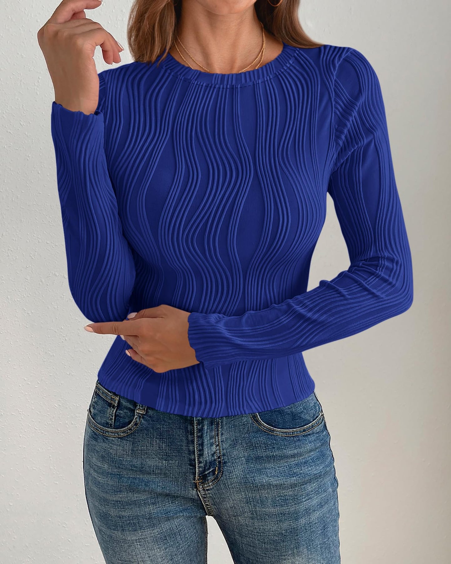 PRETTYGARDEN Women's Tops 2025 Spring Fashion Long Sleeve Crewneck Blouses Slim Fit Shirts Textured Knit Basic T Shirts(Khaki,Large)
