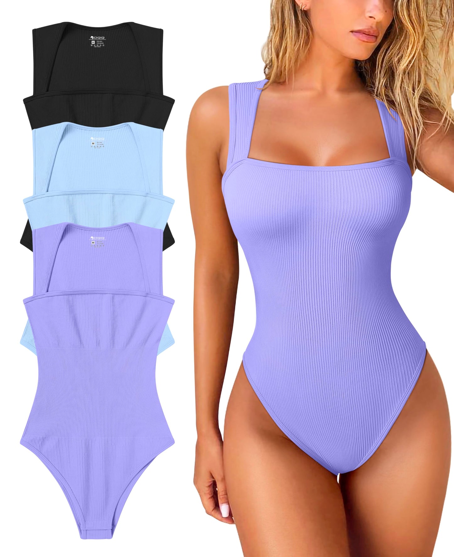 OQQ Women's 3 Piece Bodysuits Sexy Ribbed Strappy Square Neck Sleeveless Tummy Control Tank Tops Bodysuits Black Coffee Beige