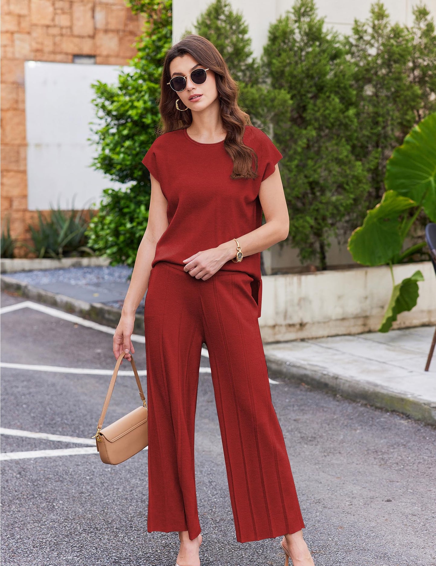 Ekouaer Lounge Sets for Women Two Piece Outfits Knit Cap Sleeve Tops Wide Leg Pleated Pants Casual Dressy Sweater Sets Beige