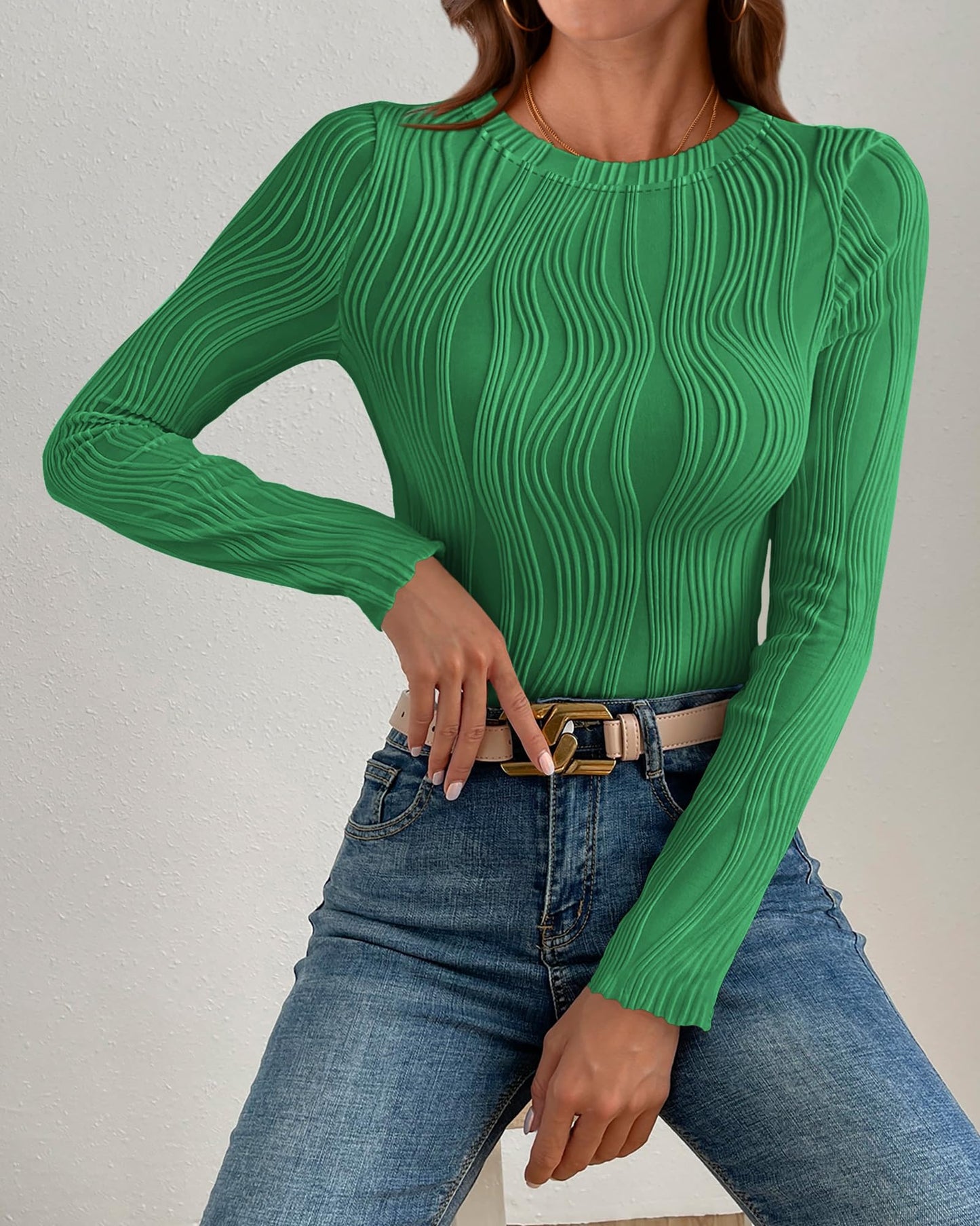 PRETTYGARDEN Women's Tops 2025 Spring Fashion Long Sleeve Crewneck Blouses Slim Fit Shirts Textured Knit Basic T Shirts(Khaki,Large)