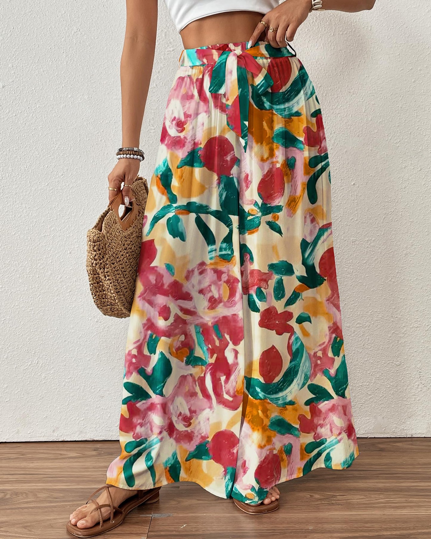 Bsubseach Wide Leg Pants Woman Flowy Floral Palazzo Pants for Women High Waisted Summer Casual Trousers Cruise Outfits Dark Green XS