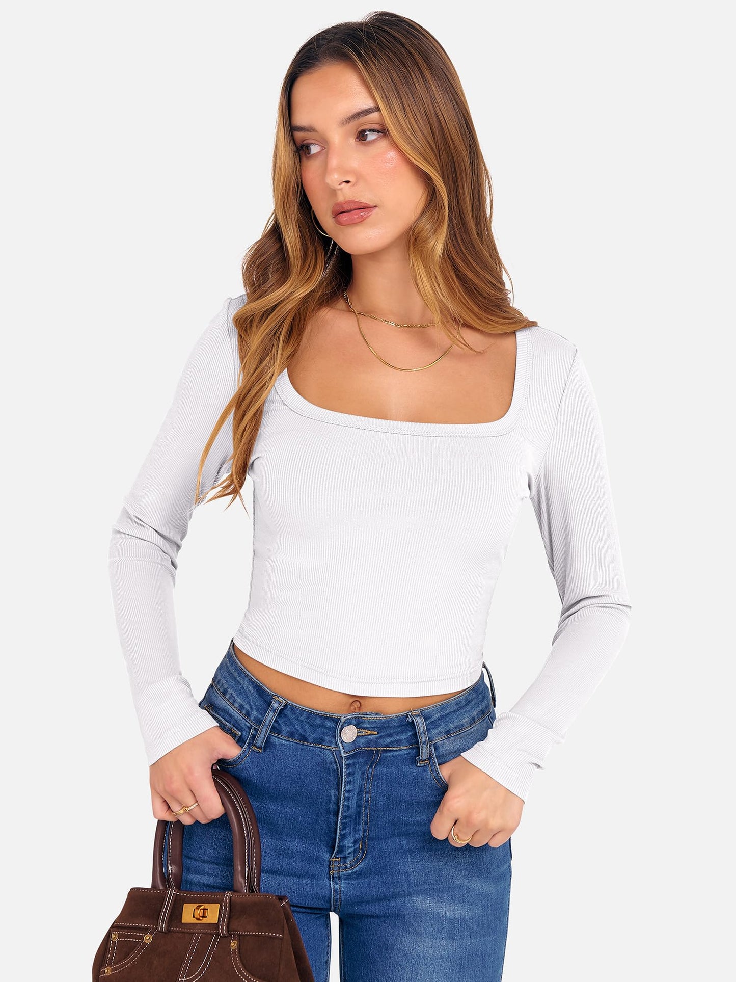 ANRABESS Women's Long Sleeve Crop Top Square Neck Ribbed Slim Fitted Shirts Casual Workout Basic Tees 2025 Fall Y2k Clothes Khaki Small
