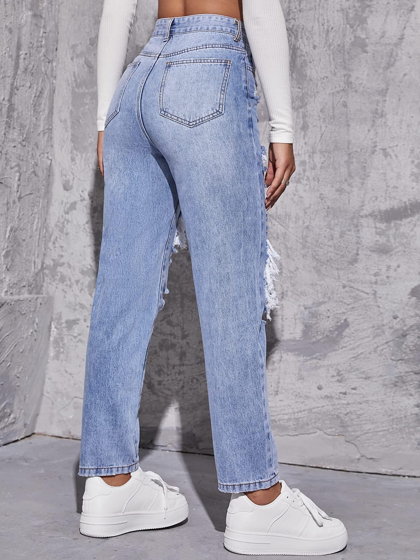 Floerns Women's High Waist Boyfriend Straight Leg Ripped Jeans Distressed Denim Pants Light Blue Large