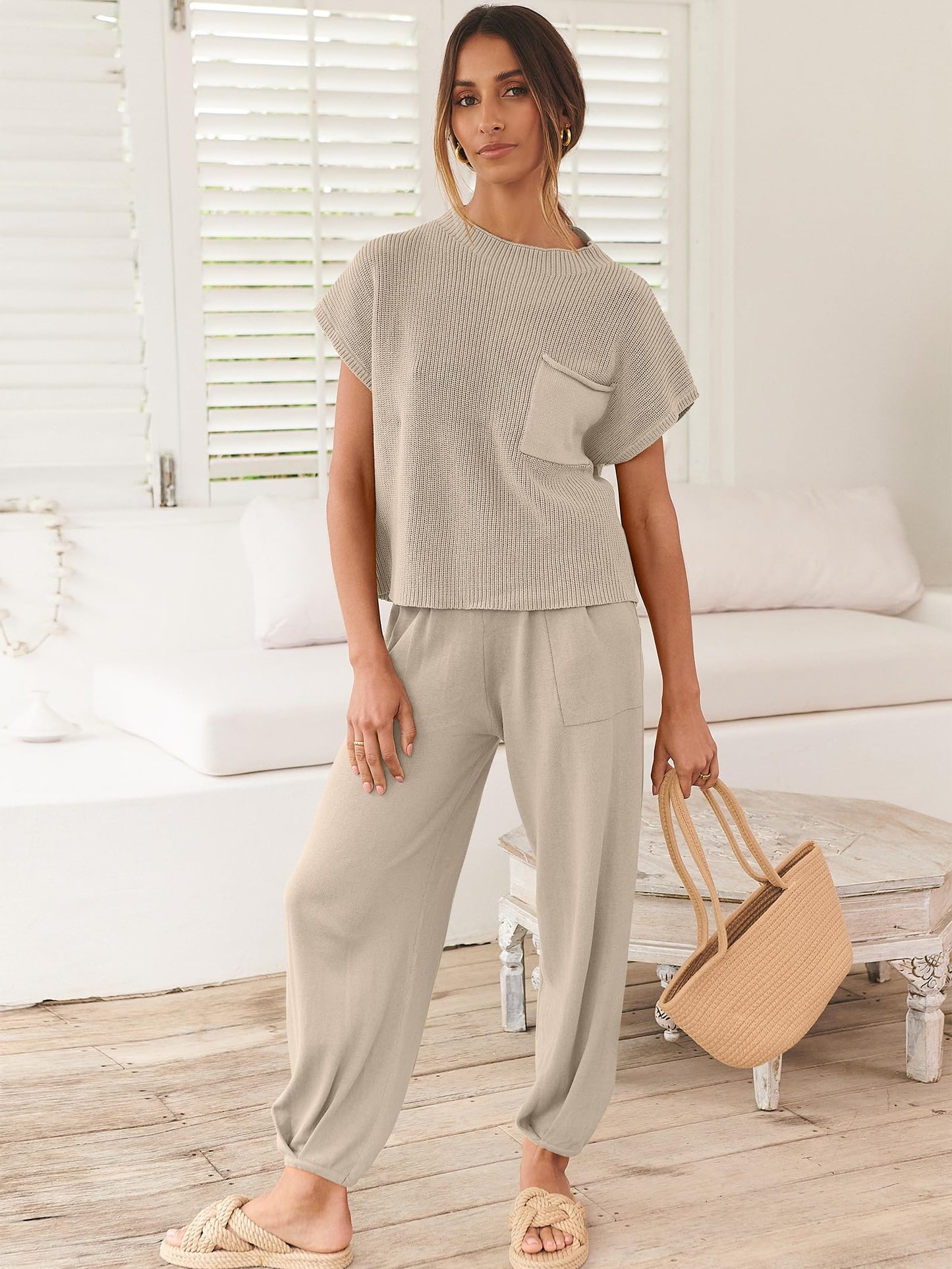 ANRABESS Women's Two Piece Outfits Knit Sweater Vest Crop Top Pants Lounge Matching Tracksuit Sweatsuit Travel Clothes Sets Pink X-Small