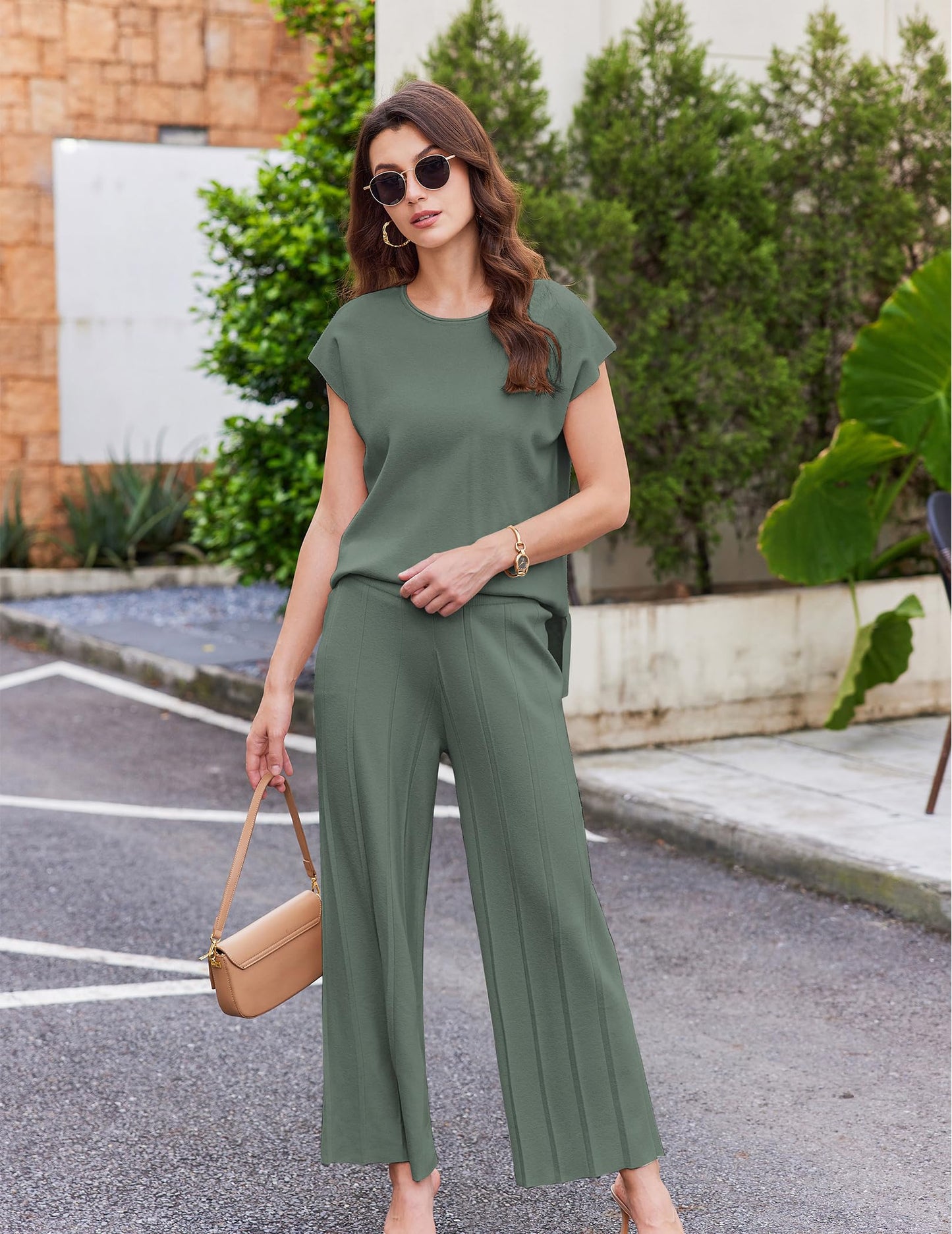 Ekouaer Lounge Sets for Women Two Piece Outfits Knit Cap Sleeve Tops Wide Leg Pleated Pants Casual Dressy Sweater Sets Beige
