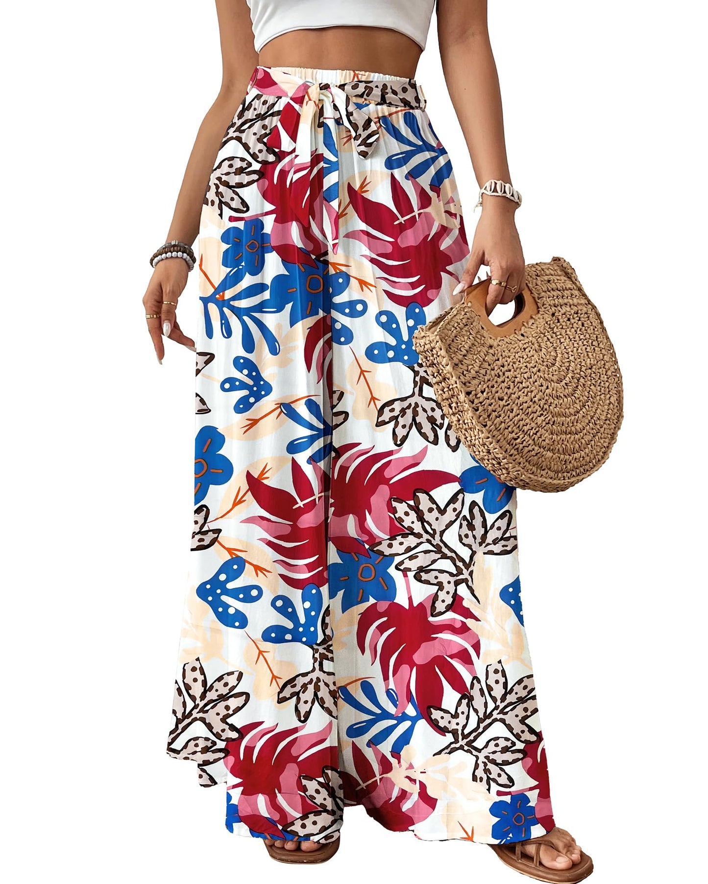 Bsubseach Wide Leg Pants Woman Flowy Floral Palazzo Pants for Women High Waisted Summer Casual Trousers Cruise Outfits Dark Green XS
