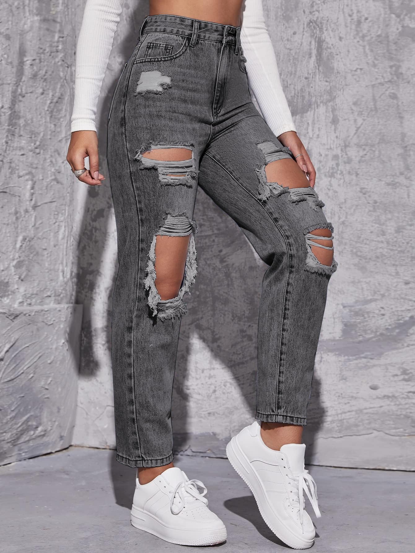 Floerns Women's High Waist Boyfriend Straight Leg Ripped Jeans Distressed Denim Pants Light Blue Large
