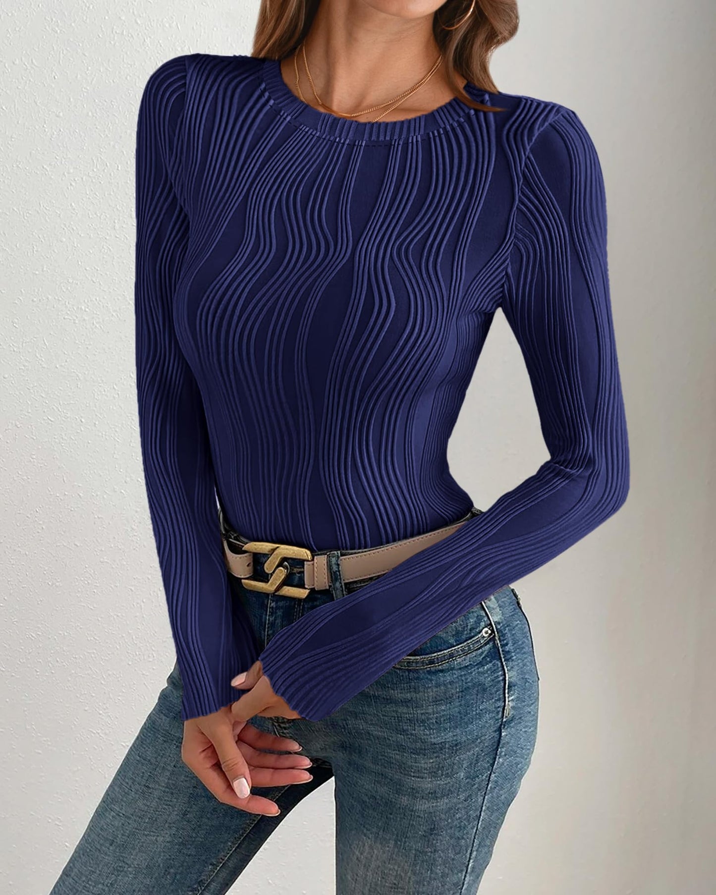 PRETTYGARDEN Women's Tops 2025 Spring Fashion Long Sleeve Crewneck Blouses Slim Fit Shirts Textured Knit Basic T Shirts(Khaki,Large)
