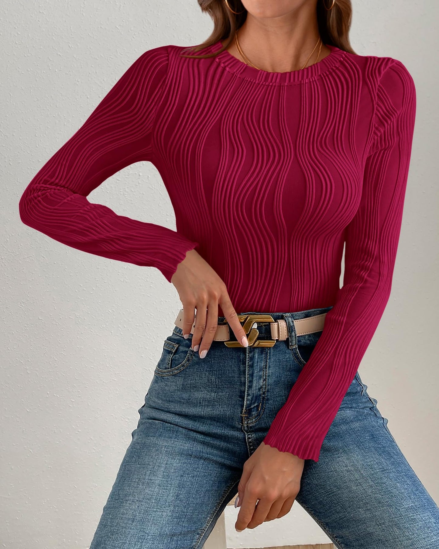 PRETTYGARDEN Women's Tops 2025 Spring Fashion Long Sleeve Crewneck Blouses Slim Fit Shirts Textured Knit Basic T Shirts(Khaki,Large)