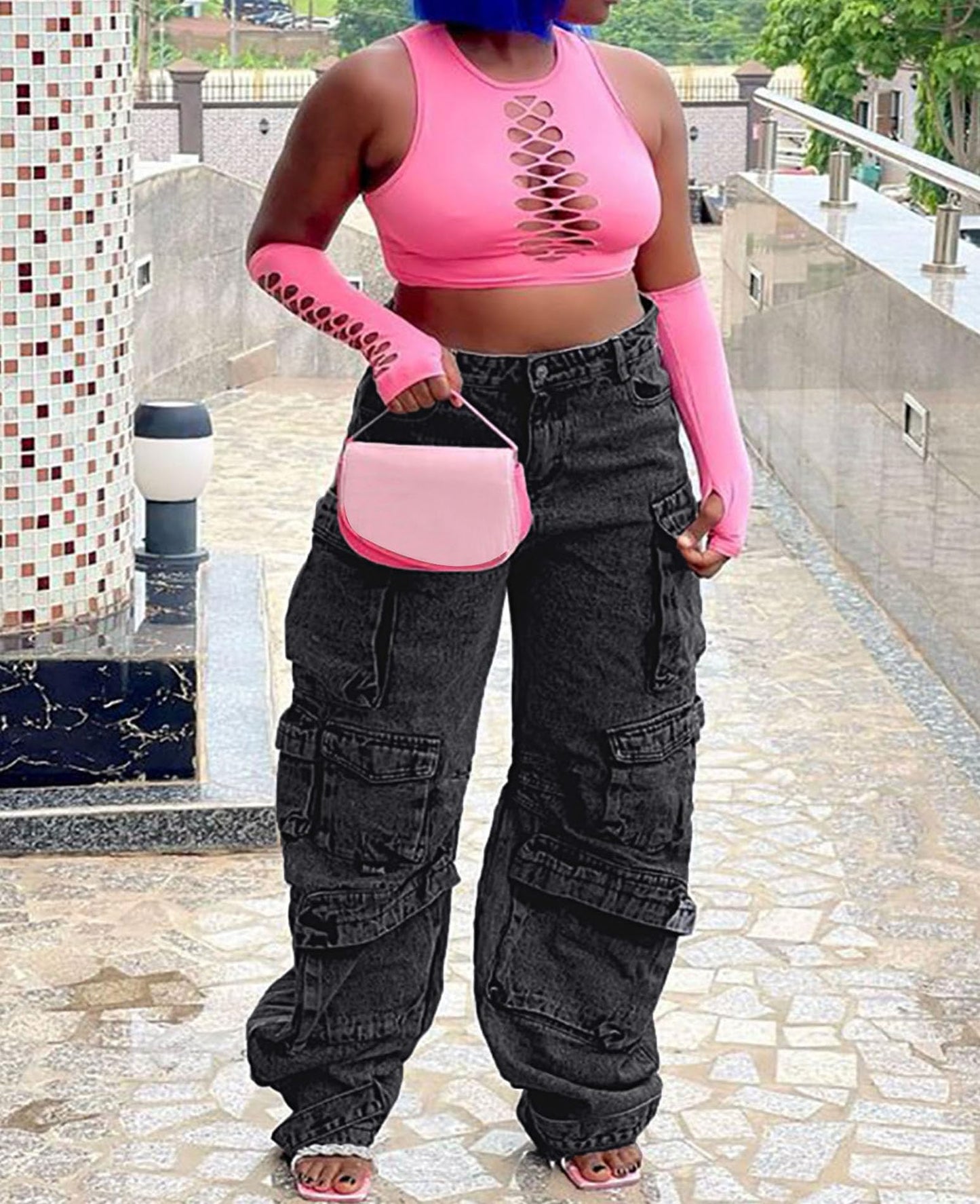LKOUS Women's Y2K Baggy Straight Wide Leg Cargo Jeans, Streetwear High Waisted Denim Pant Grey