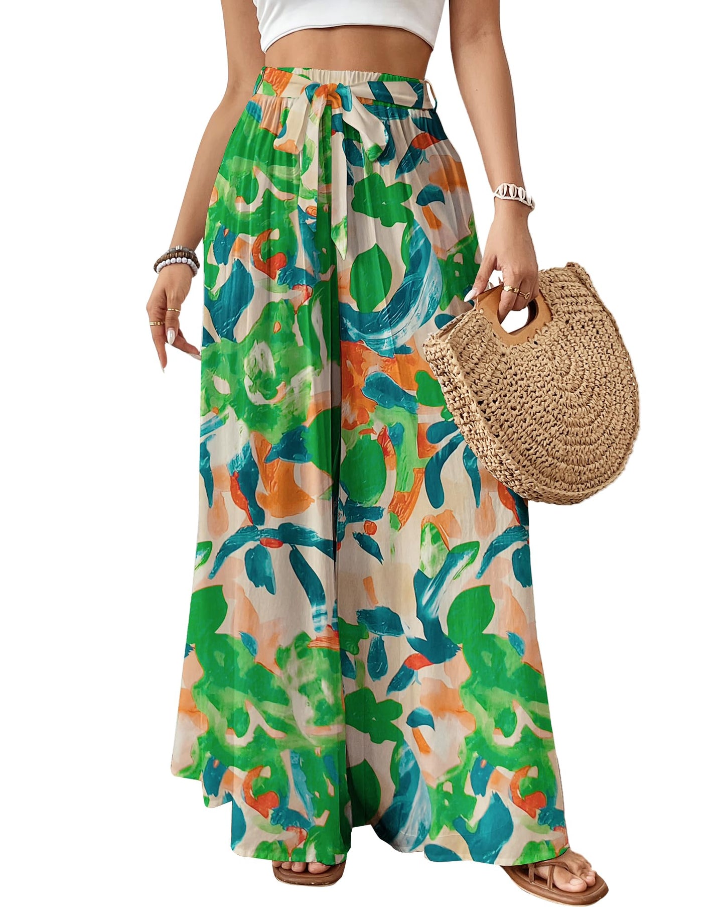Bsubseach Wide Leg Pants Woman Flowy Floral Palazzo Pants for Women High Waisted Summer Casual Trousers Cruise Outfits Dark Green XS