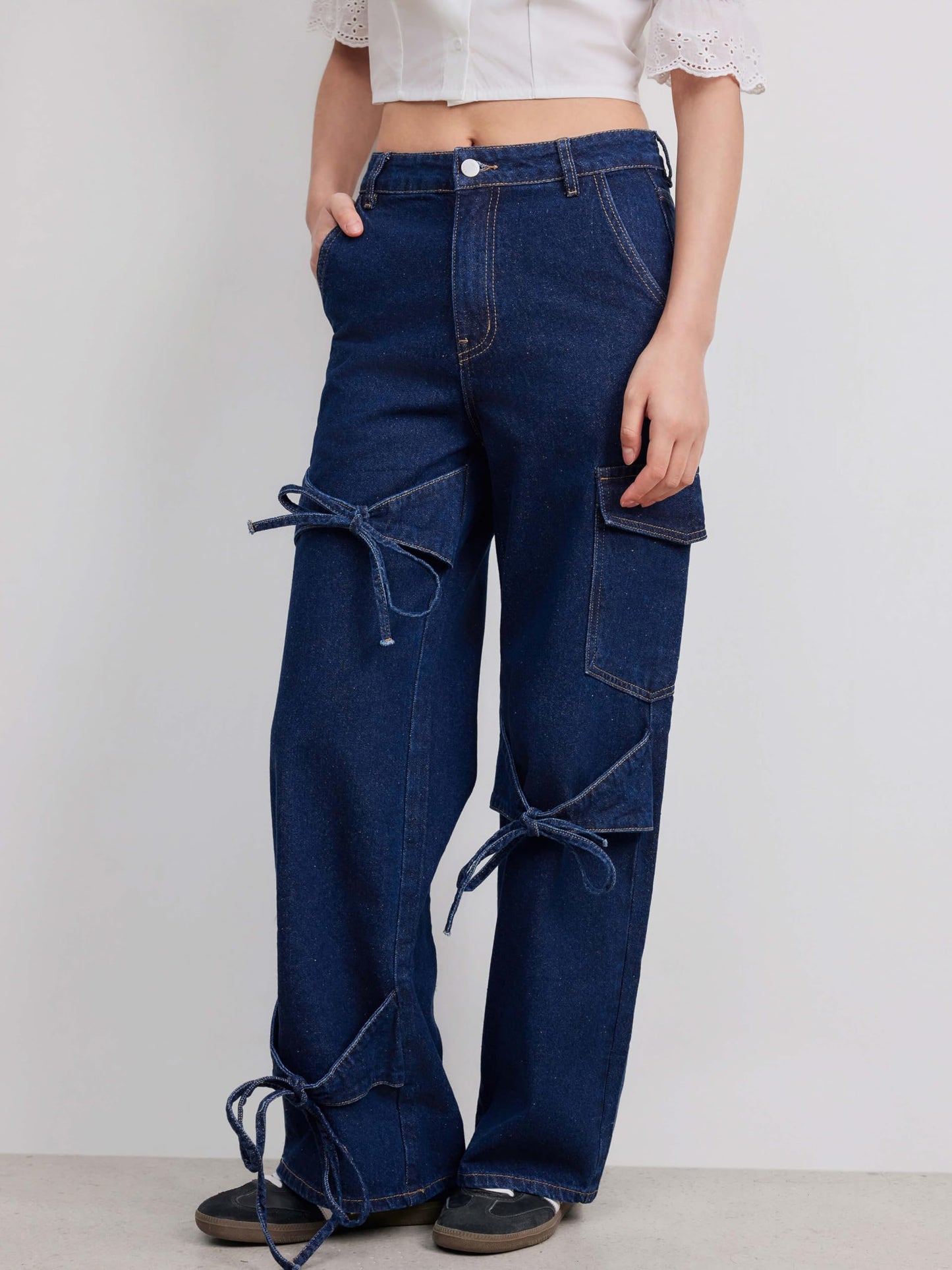 CIDER Baggy Jeans for Women Low Waisted Wide Straight Leg Bow Jeans Denim Pants Beige