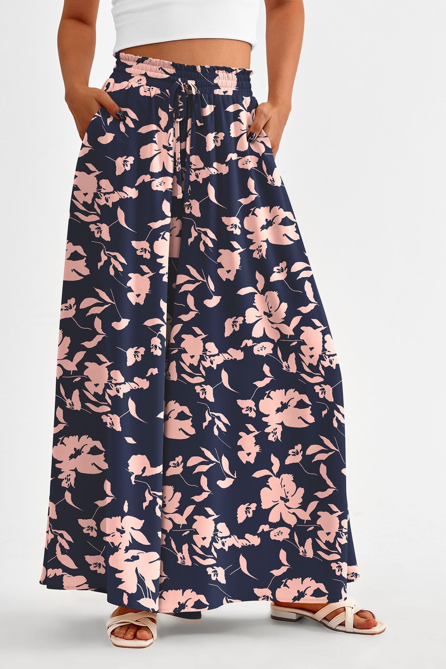 PRETTYGARDEN Women's 2025 Summer Wide Leg Palazzo Pants High Waisted Flowy Pockets Trendy Casual Lounge Boho Beach Trousers (Print Black,Small)