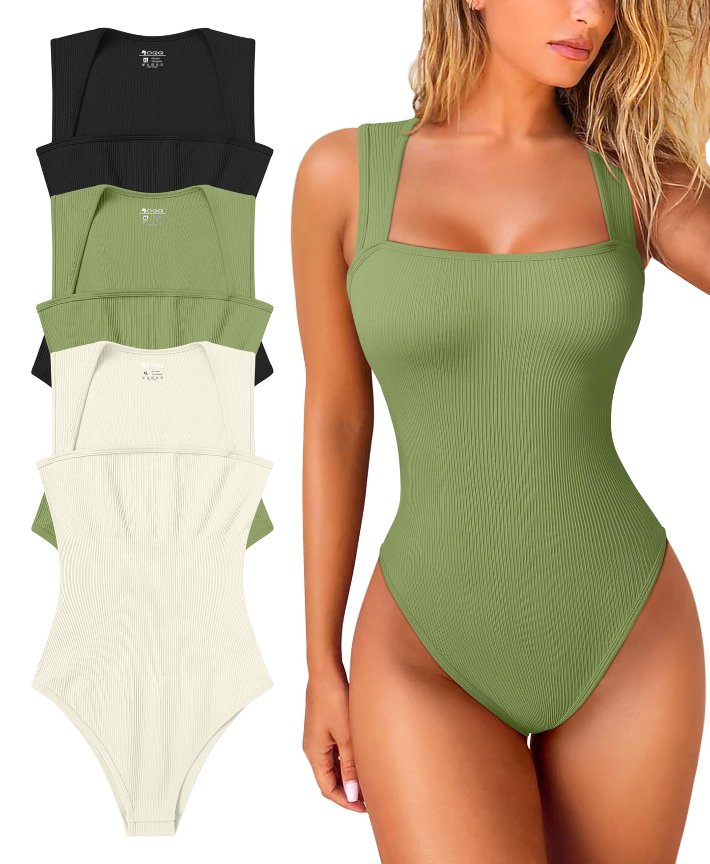 OQQ Women's 3 Piece Bodysuits Sexy Ribbed Strappy Square Neck Sleeveless Tummy Control Tank Tops Bodysuits Black Coffee Beige