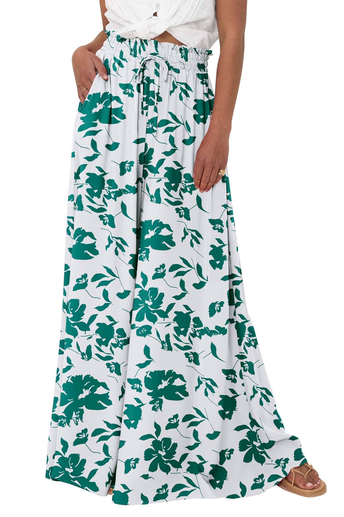 PRETTYGARDEN Women's 2025 Summer Wide Leg Palazzo Pants High Waisted Flowy Pockets Trendy Casual Lounge Boho Beach Trousers (Print Black,Small)