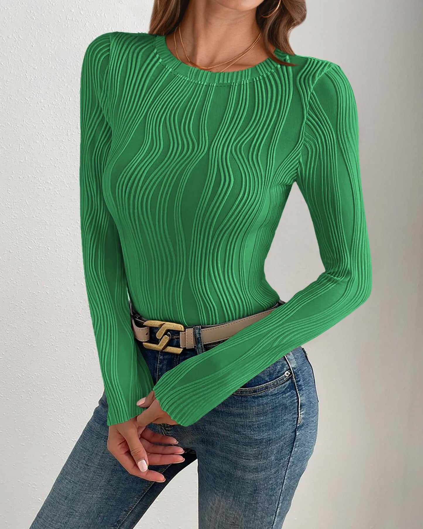 PRETTYGARDEN Women's Tops 2025 Spring Fashion Long Sleeve Crewneck Blouses Slim Fit Shirts Textured Knit Basic T Shirts(Khaki,Large)