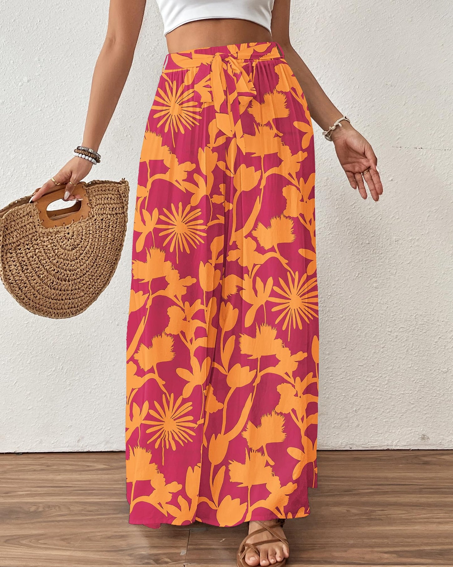 Bsubseach Wide Leg Pants Woman Flowy Floral Palazzo Pants for Women High Waisted Summer Casual Trousers Cruise Outfits Dark Green XS