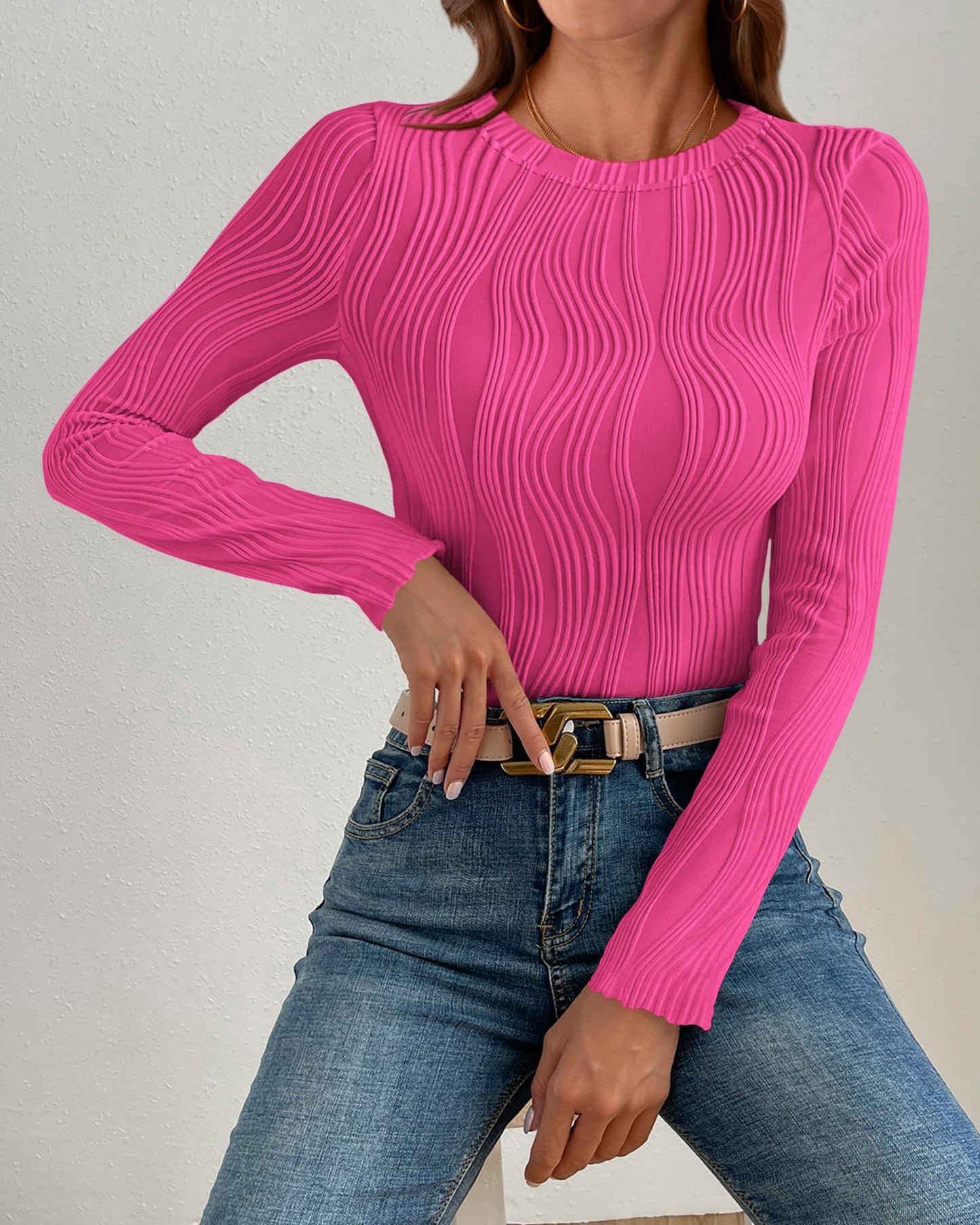 PRETTYGARDEN Women's Tops 2025 Spring Fashion Long Sleeve Crewneck Blouses Slim Fit Shirts Textured Knit Basic T Shirts(Khaki,Large)