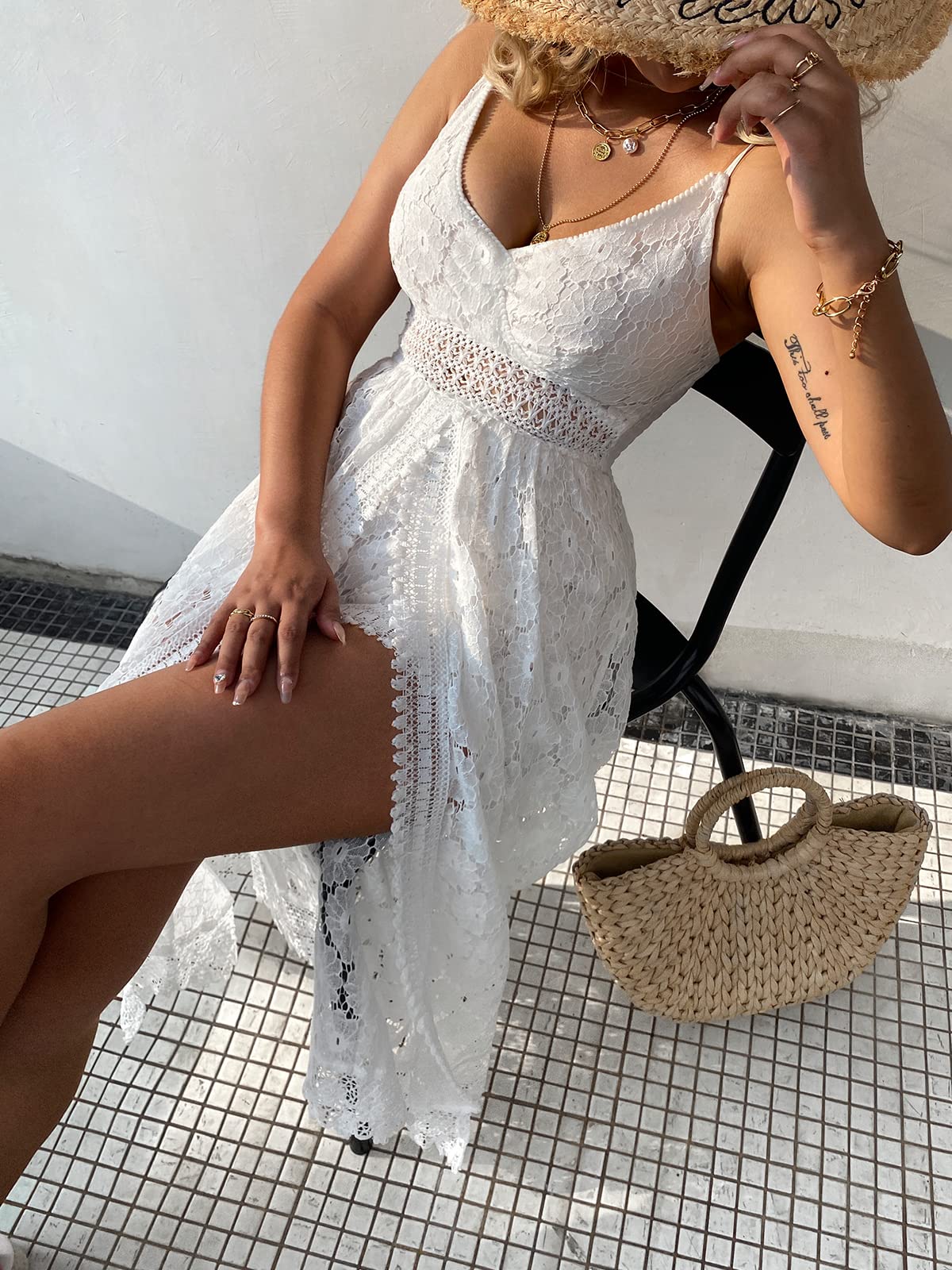 CUPSHE Women's Summer Women Slip Ruching Smocking Jumpsuit Dress V Neck Speghetti Straps Backless Maxi High Low