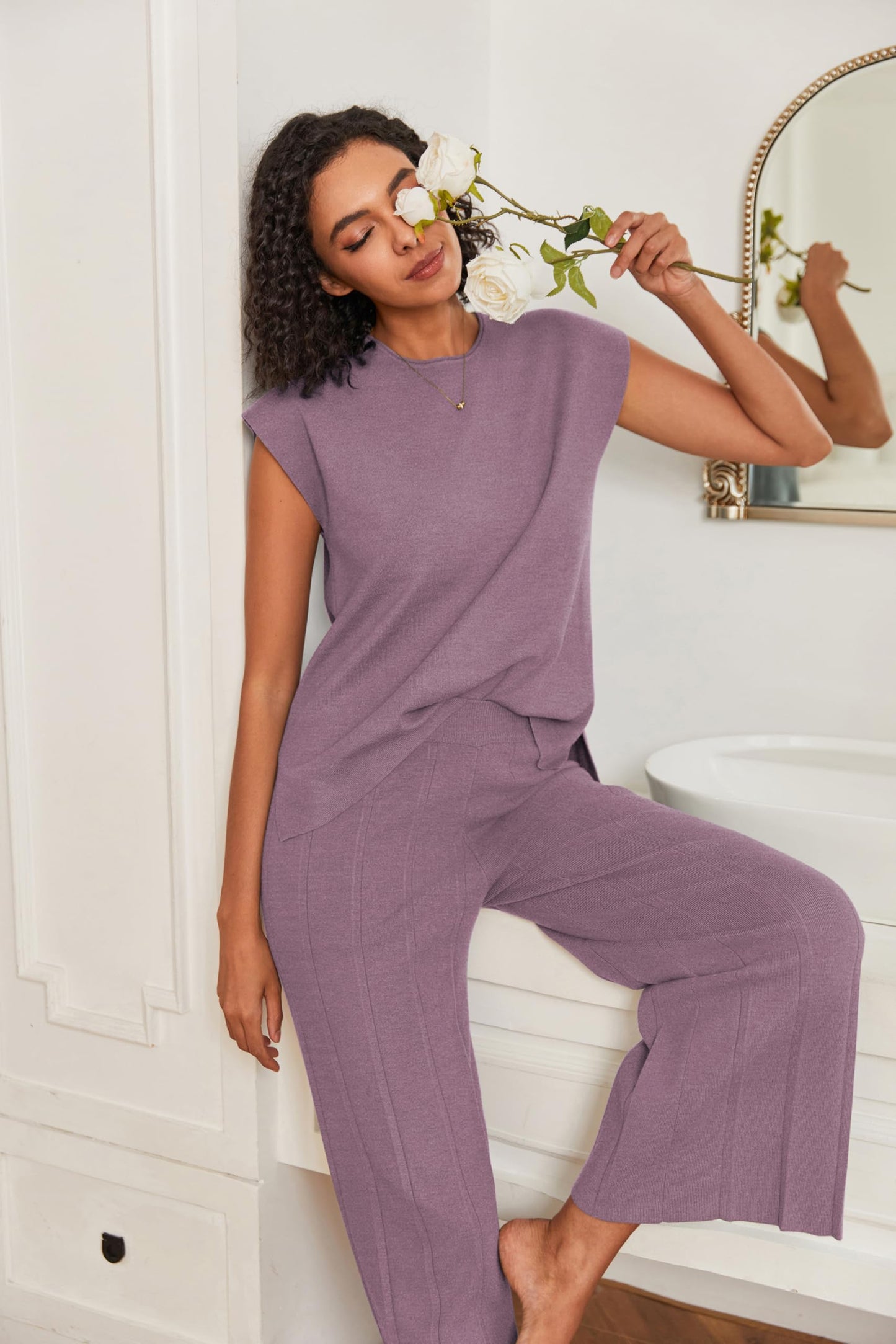 Ekouaer Lounge Sets for Women Two Piece Outfits Knit Cap Sleeve Tops Wide Leg Pleated Pants Casual Dressy Sweater Sets Beige