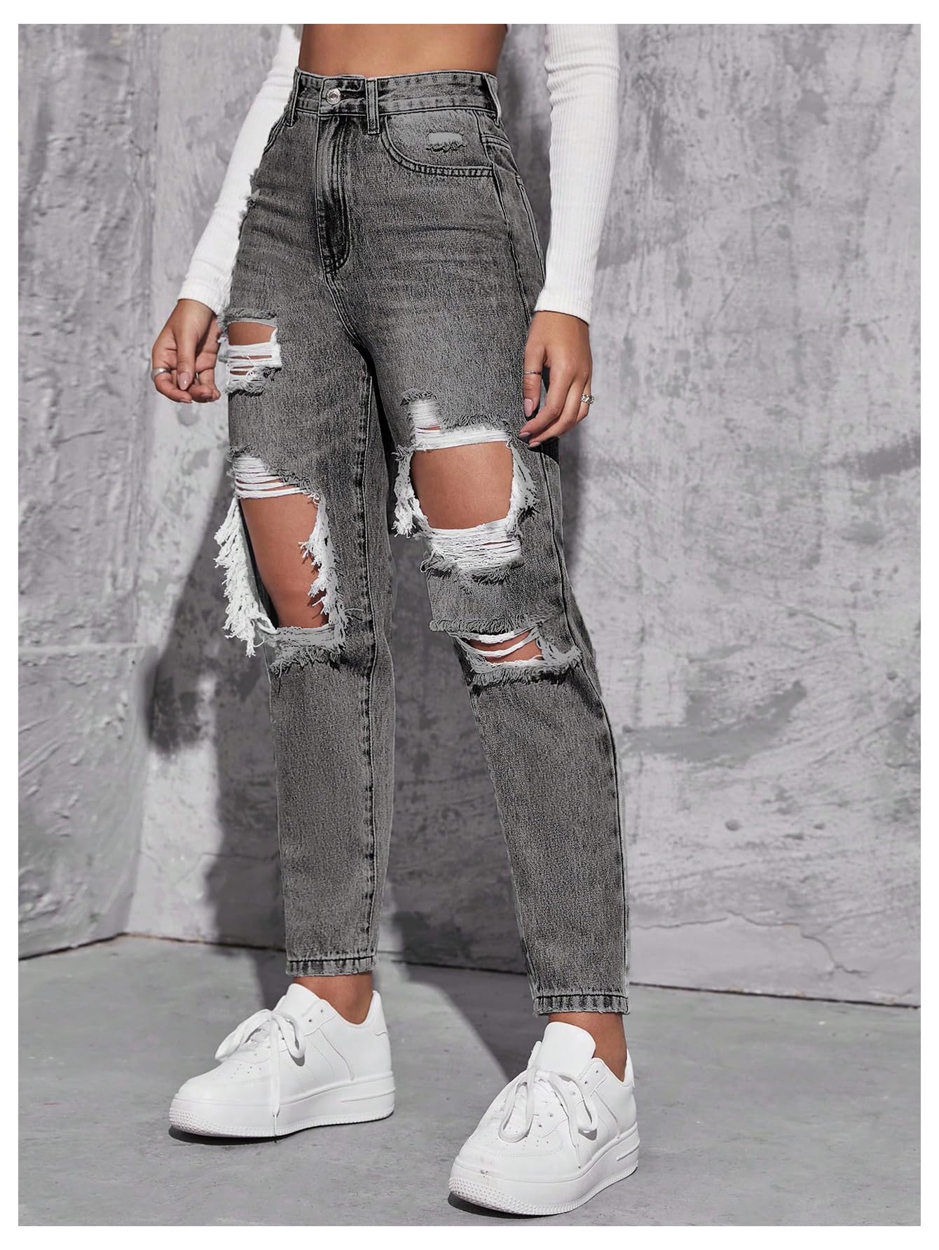 Floerns Women's High Waist Boyfriend Straight Leg Ripped Jeans Distressed Denim Pants Light Blue Large
