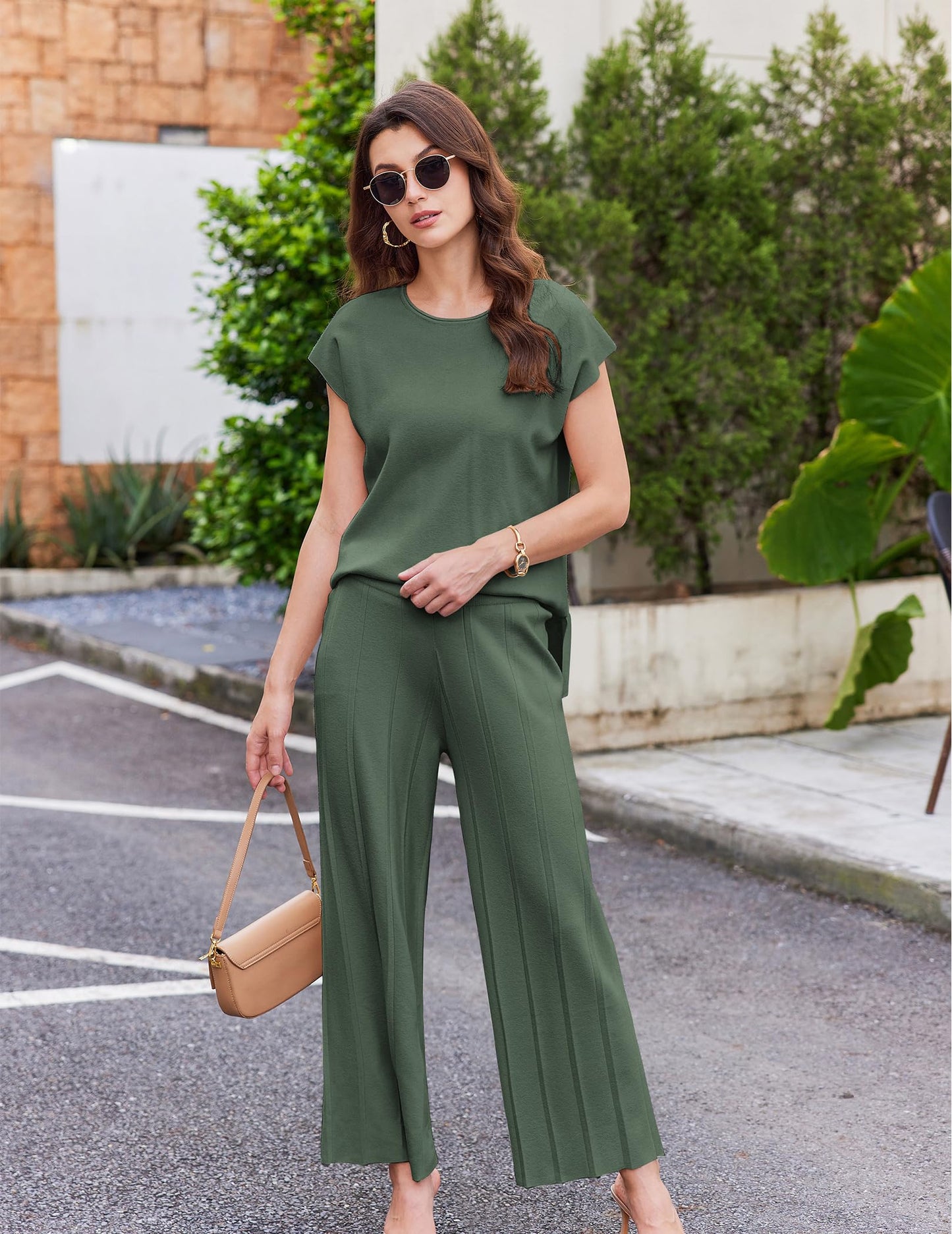Ekouaer Lounge Sets for Women Two Piece Outfits Knit Cap Sleeve Tops Wide Leg Pleated Pants Casual Dressy Sweater Sets Beige