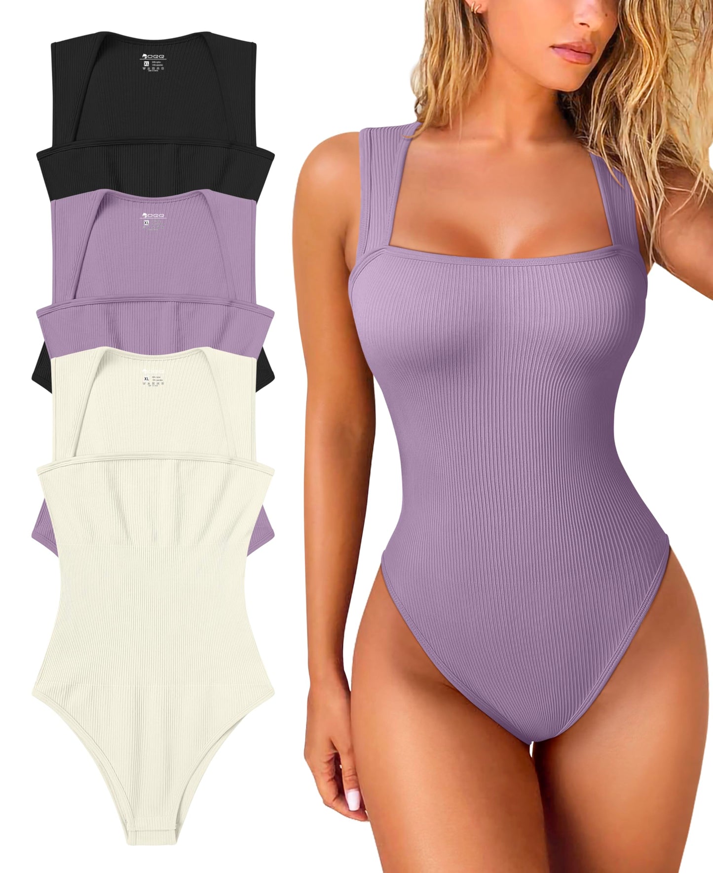OQQ Women's 3 Piece Bodysuits Sexy Ribbed Strappy Square Neck Sleeveless Tummy Control Tank Tops Bodysuits Black Coffee Beige