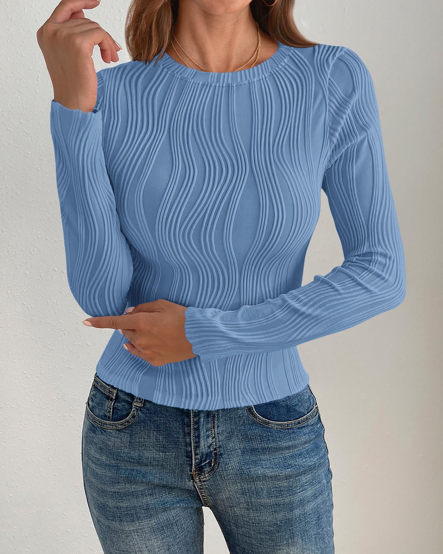 PRETTYGARDEN Women's Tops 2025 Spring Fashion Long Sleeve Crewneck Blouses Slim Fit Shirts Textured Knit Basic T Shirts(Khaki,Large)