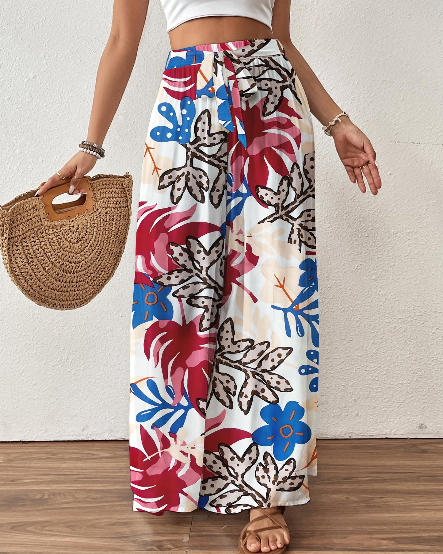 Bsubseach Wide Leg Pants Woman Flowy Floral Palazzo Pants for Women High Waisted Summer Casual Trousers Cruise Outfits Dark Green XS