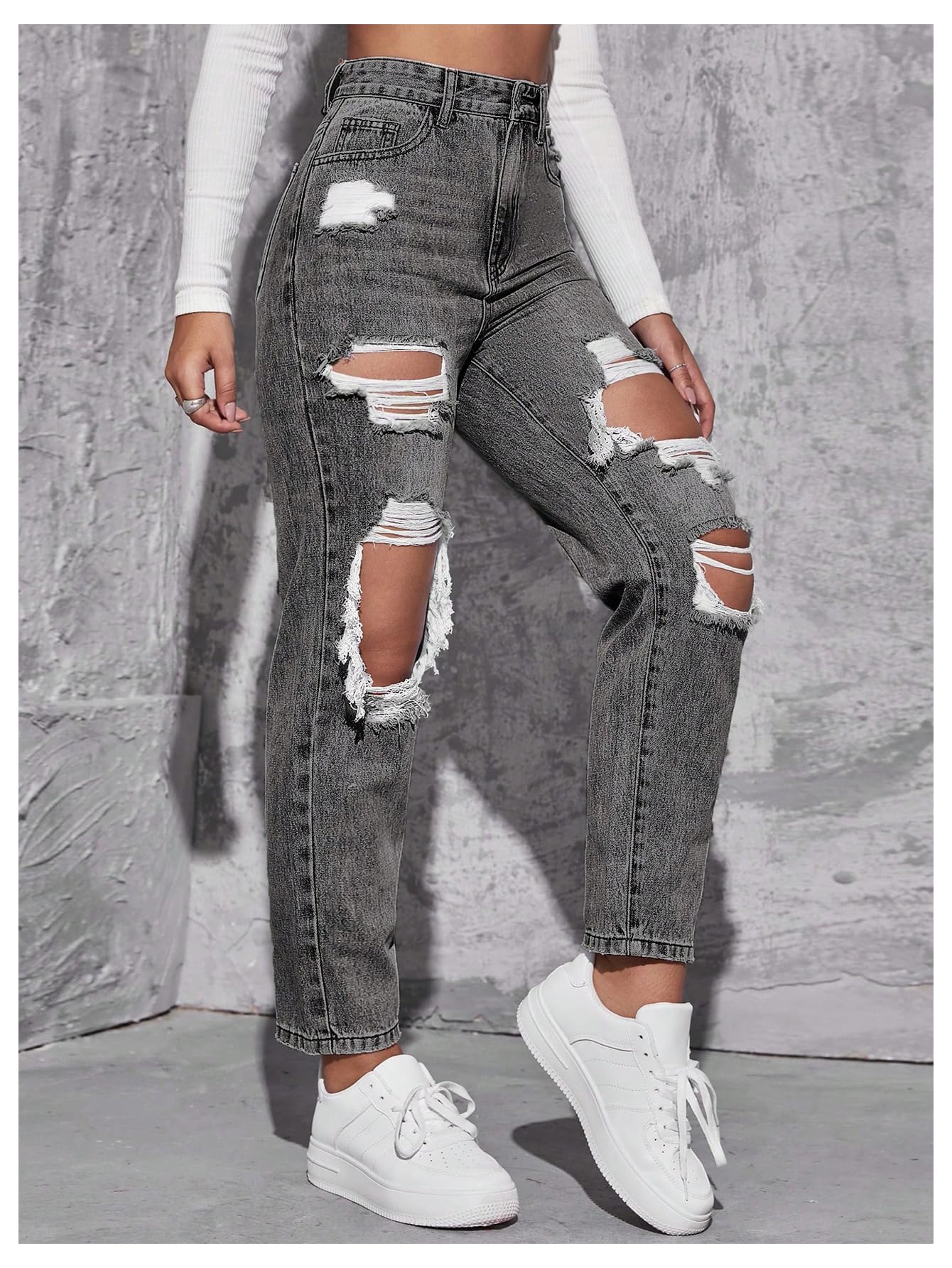 Floerns Women's High Waist Boyfriend Straight Leg Ripped Jeans Distressed Denim Pants Light Blue Large