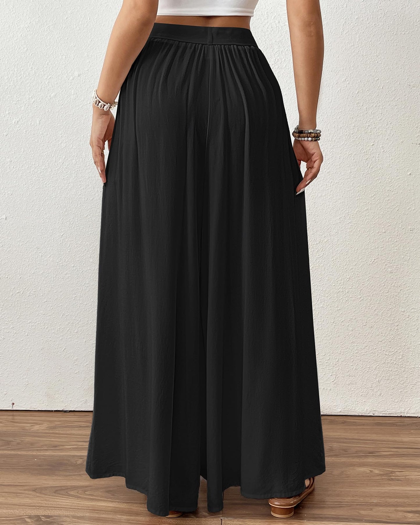Bsubseach Wide Leg Pants Woman Flowy Floral Palazzo Pants for Women High Waisted Summer Casual Trousers Cruise Outfits Dark Green XS