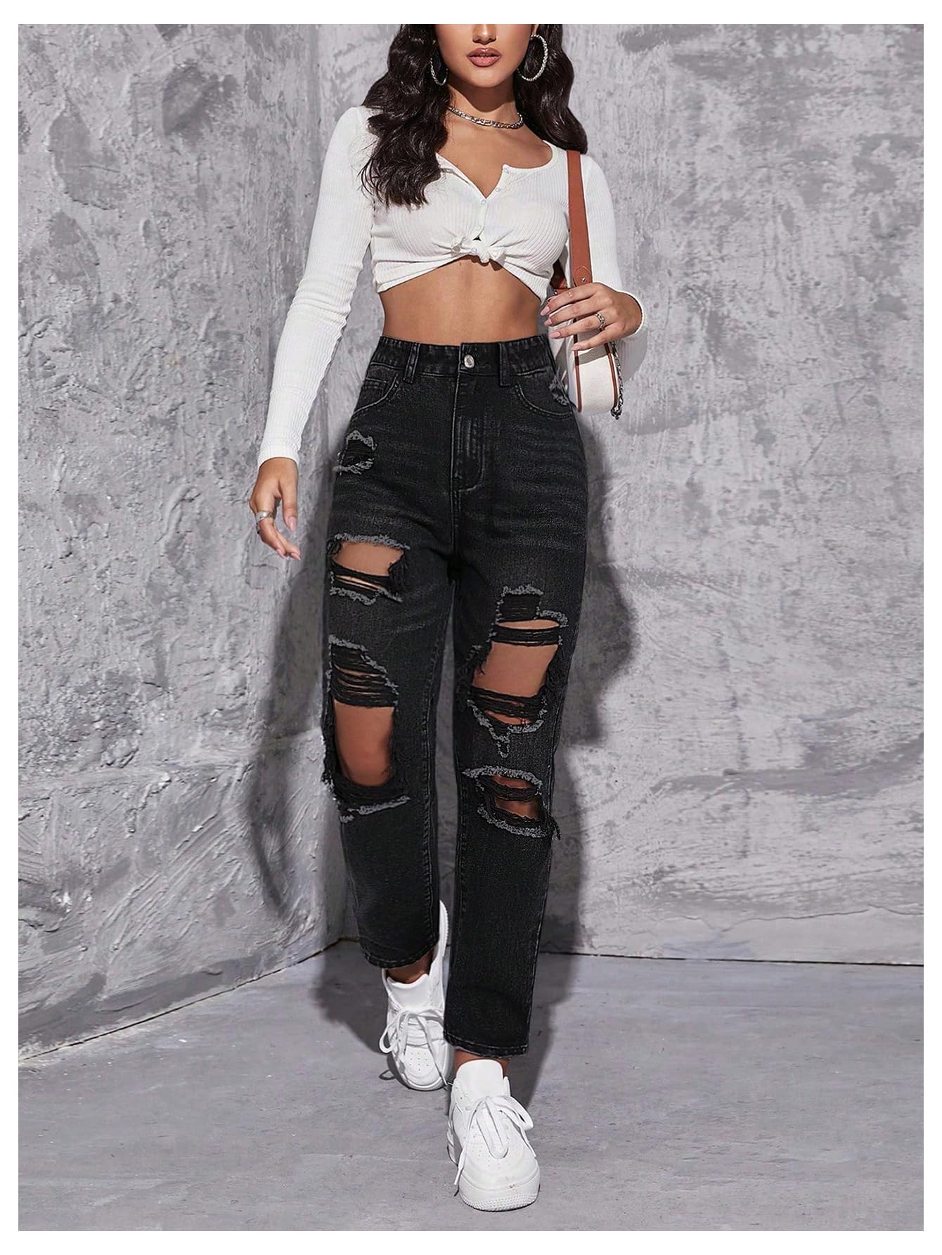 Floerns Women's High Waist Boyfriend Straight Leg Ripped Jeans Distressed Denim Pants Light Blue Large