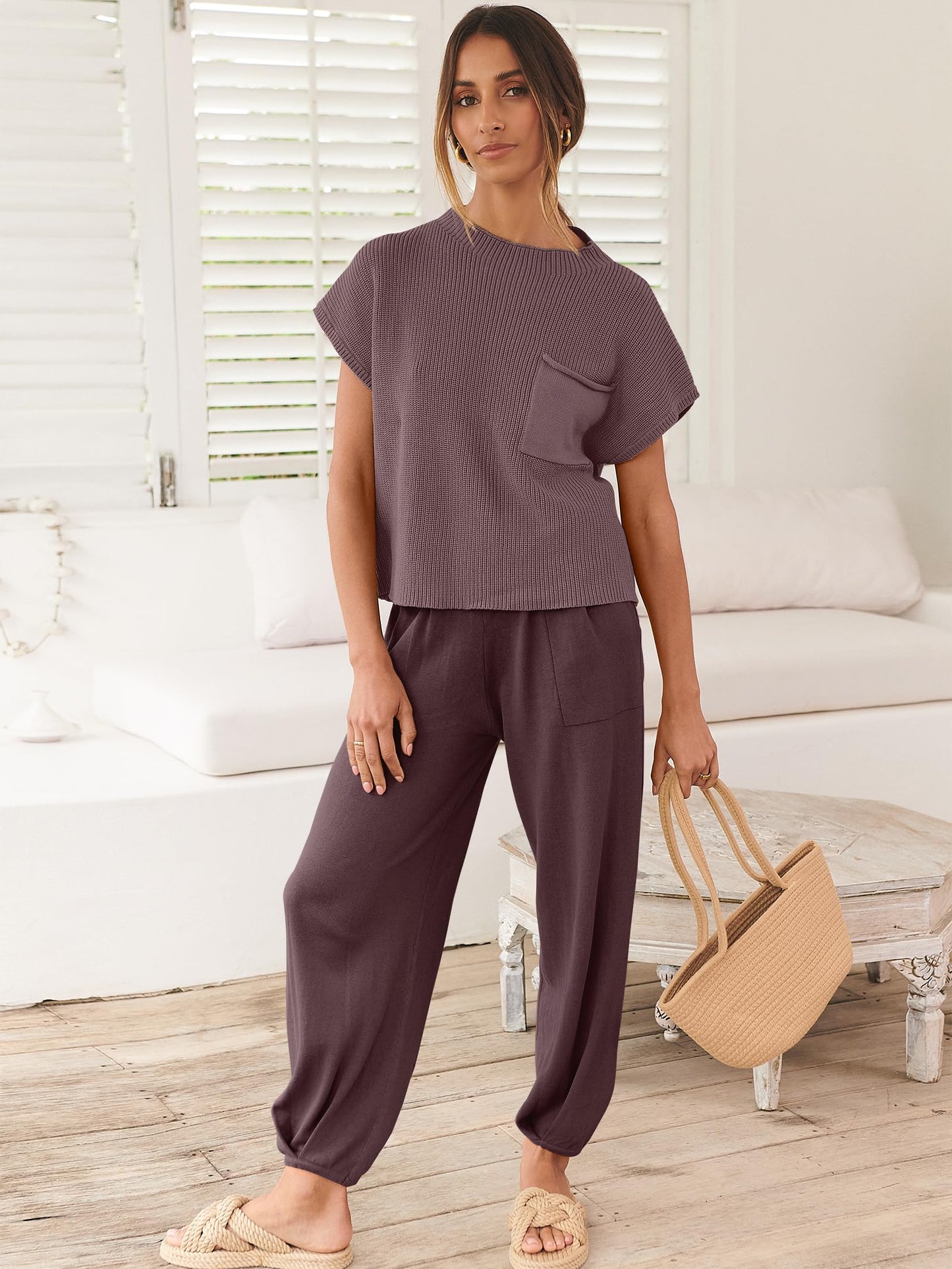 ANRABESS Women's Two Piece Outfits Knit Sweater Vest Crop Top Pants Lounge Matching Tracksuit Sweatsuit Travel Clothes Sets Pink X-Small