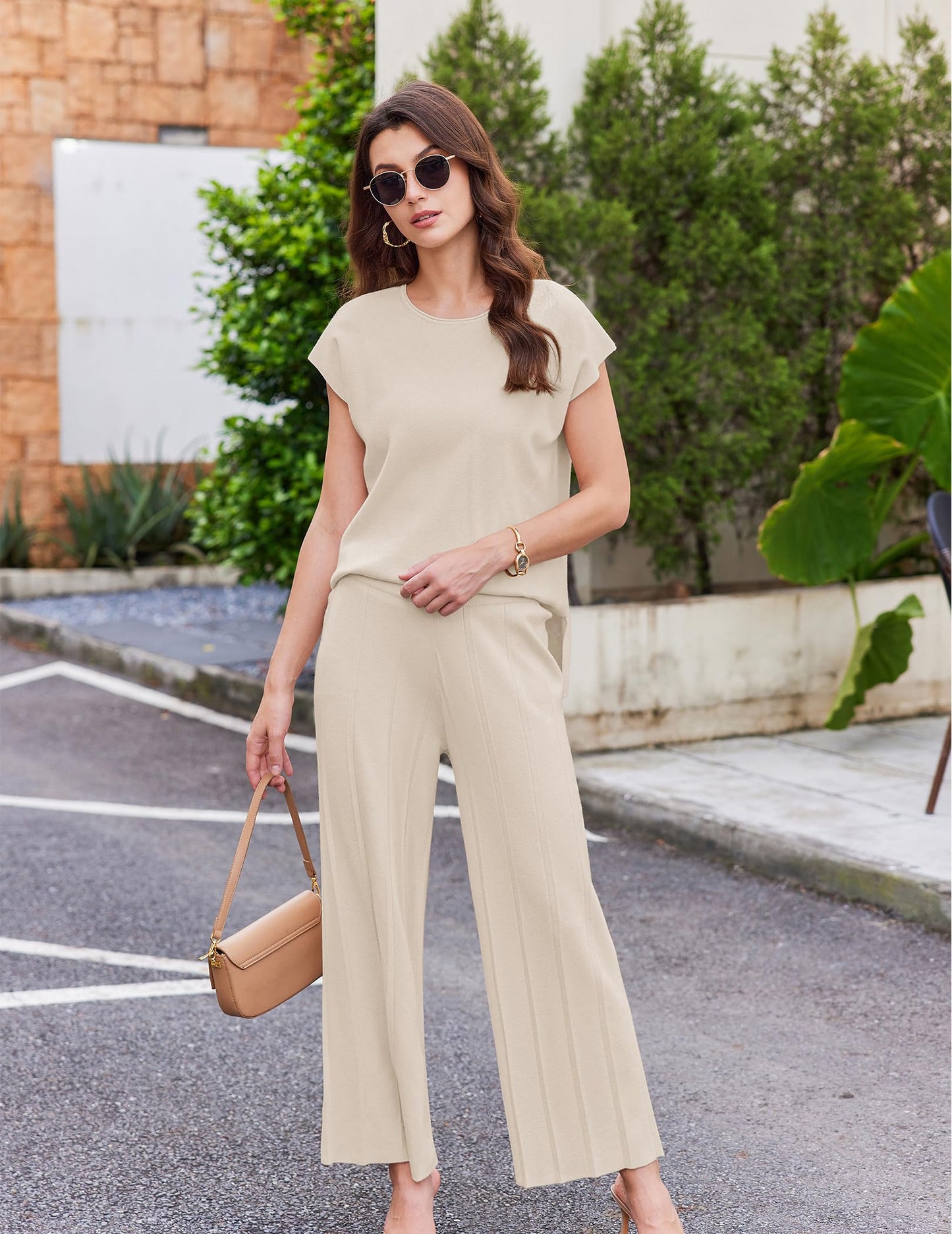 Ekouaer Lounge Sets for Women Two Piece Outfits Knit Cap Sleeve Tops Wide Leg Pleated Pants Casual Dressy Sweater Sets Beige