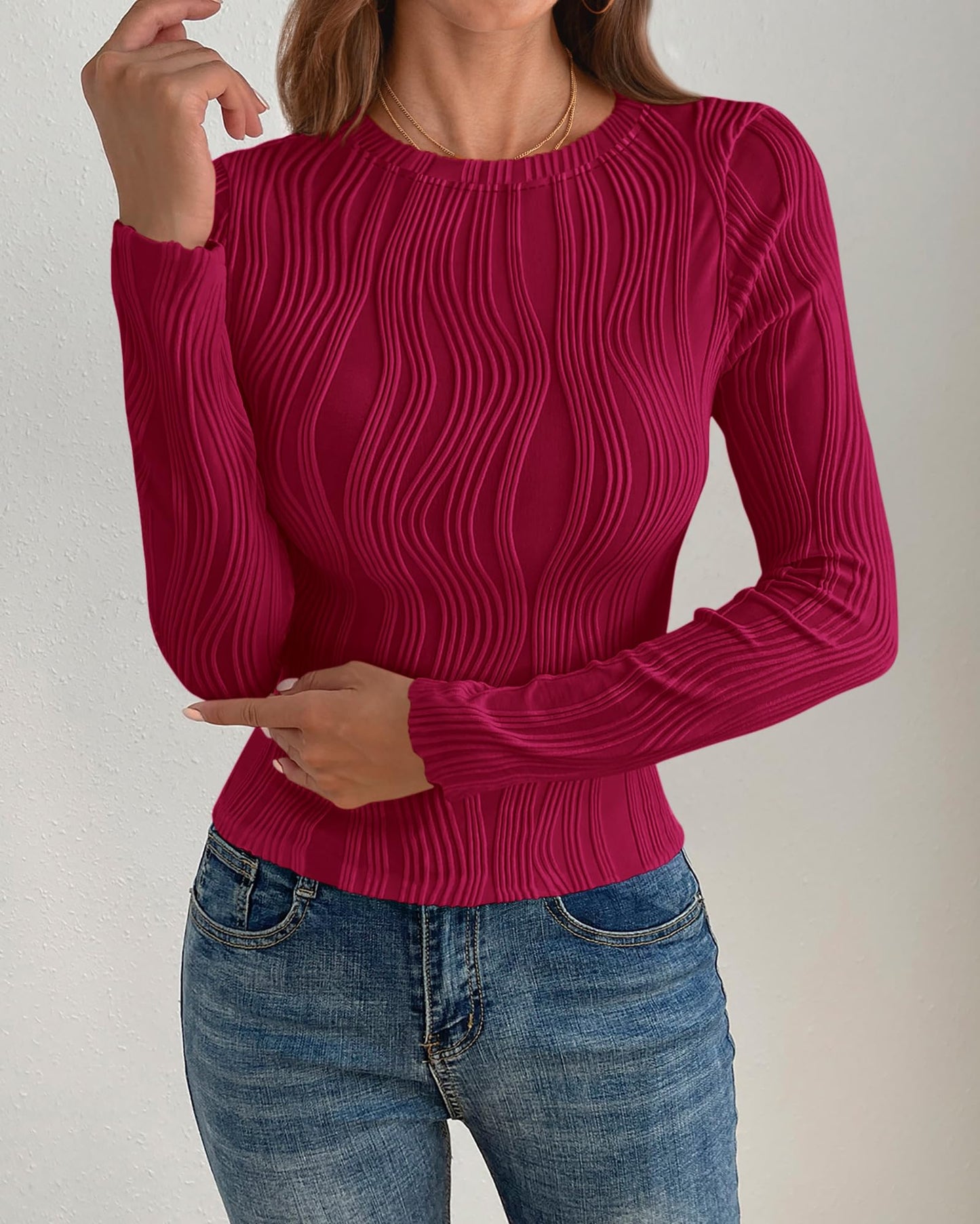 PRETTYGARDEN Women's Tops 2025 Spring Fashion Long Sleeve Crewneck Blouses Slim Fit Shirts Textured Knit Basic T Shirts(Khaki,Large)