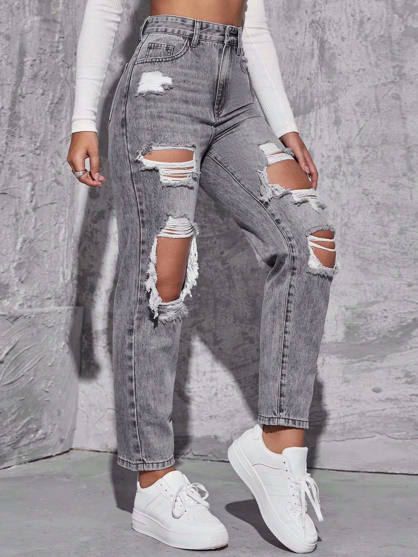 Floerns Women's High Waist Boyfriend Straight Leg Ripped Jeans Distressed Denim Pants Light Blue Large