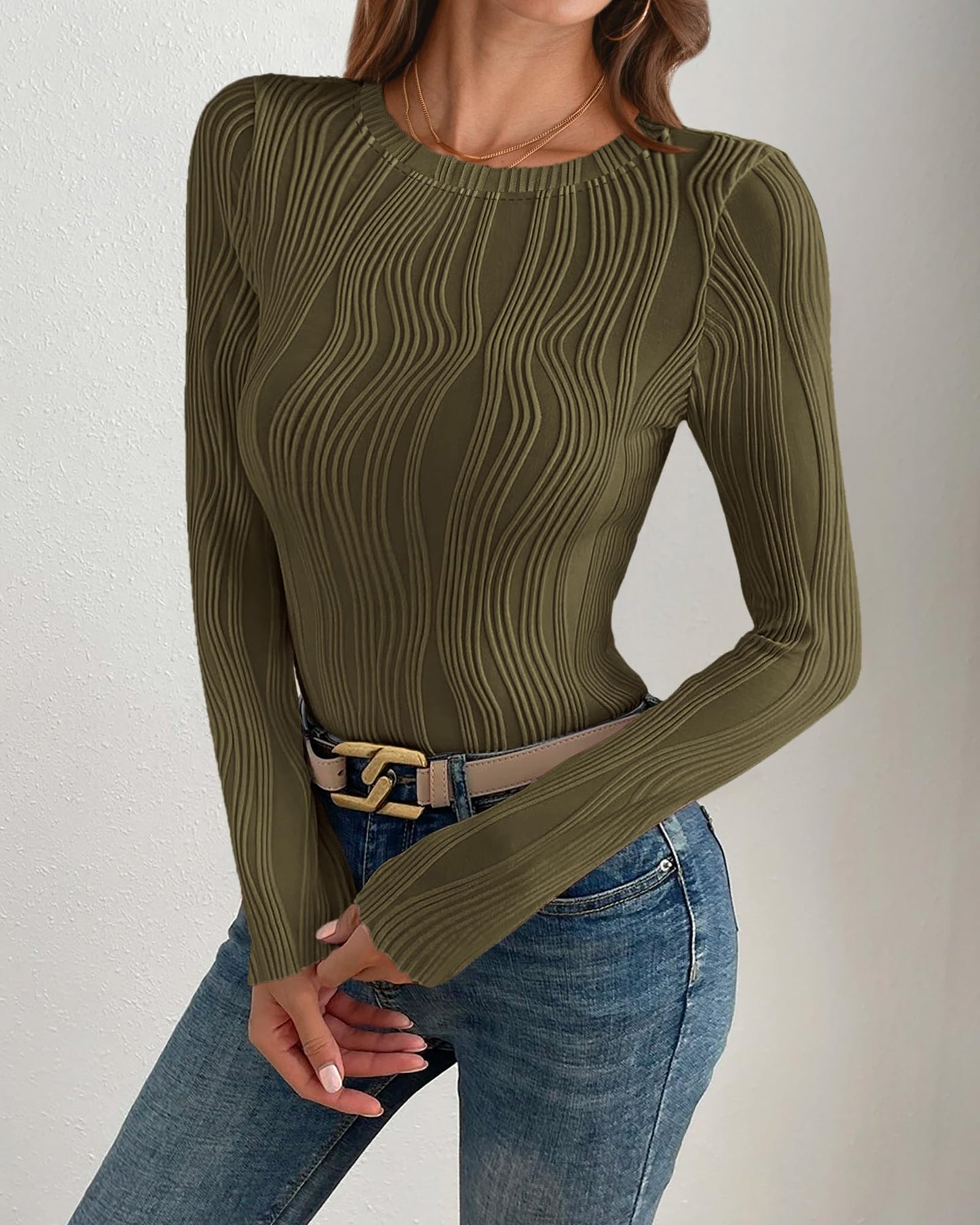 PRETTYGARDEN Women's Tops 2025 Spring Fashion Long Sleeve Crewneck Blouses Slim Fit Shirts Textured Knit Basic T Shirts(Khaki,Large)