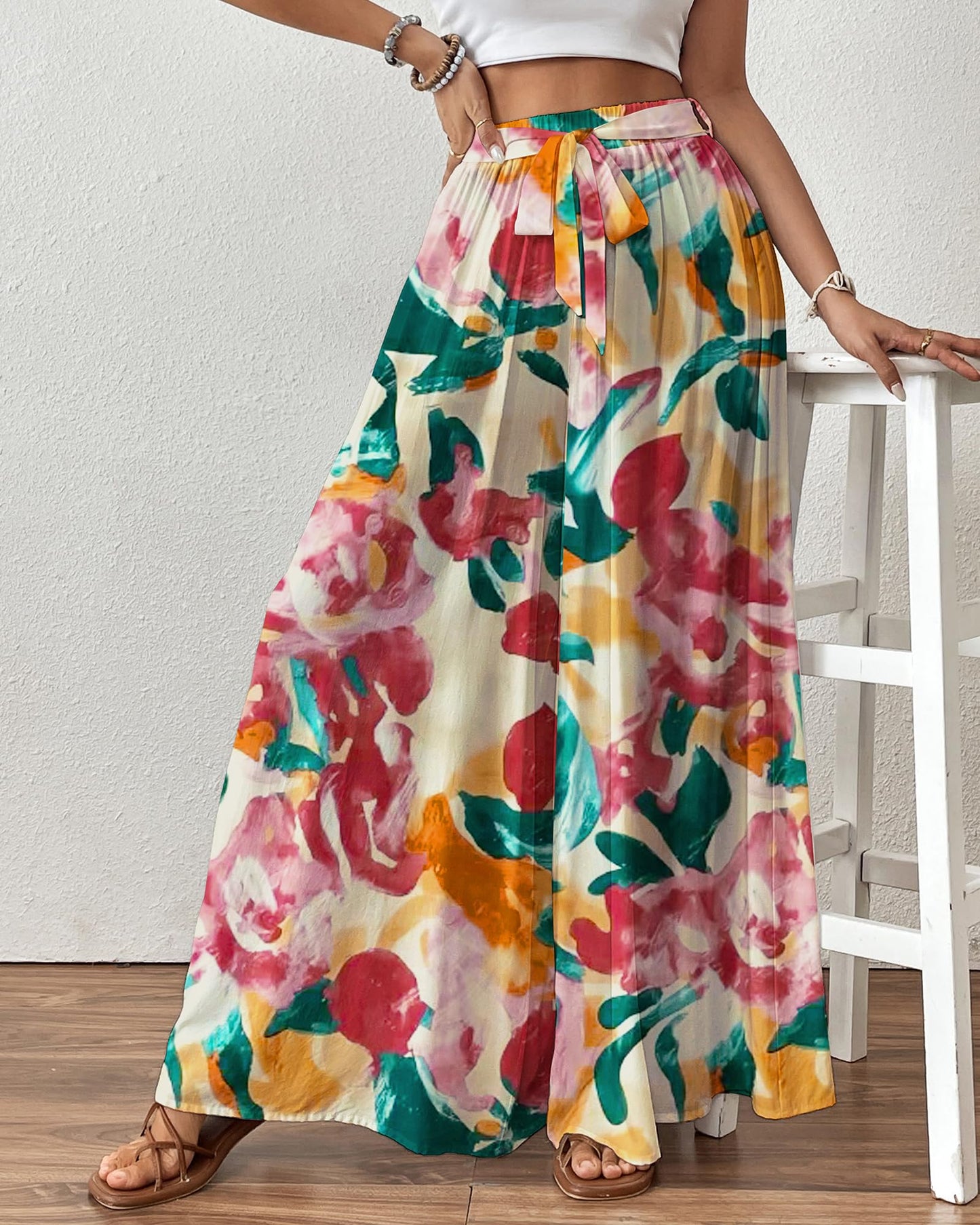 Bsubseach Wide Leg Pants Woman Flowy Floral Palazzo Pants for Women High Waisted Summer Casual Trousers Cruise Outfits Dark Green XS